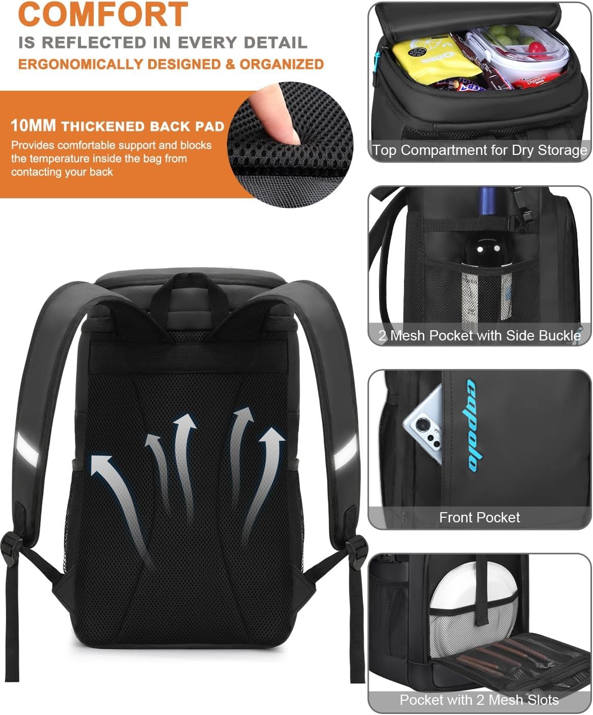 image:imageCapolo Cooler Backpack Insulated Waterproof for Women Men3645 Cans Lunch Backpack Coolers Leak Proof Soft Cooler Bag Ice Chest for Camping BeachDeep Black Leather