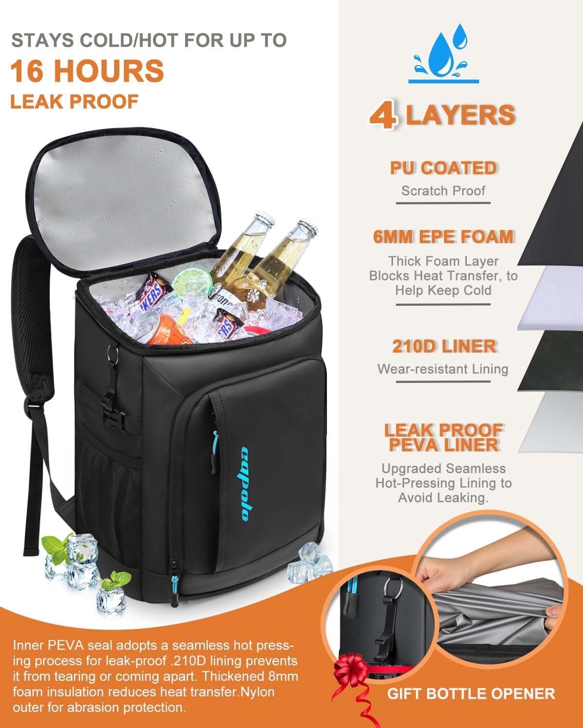 image:imageCapolo Cooler Backpack Insulated Waterproof for Women Men3645 Cans Lunch Backpack Coolers Leak Proof Soft Cooler Bag Ice Chest for Camping BeachDeep Black Leather
