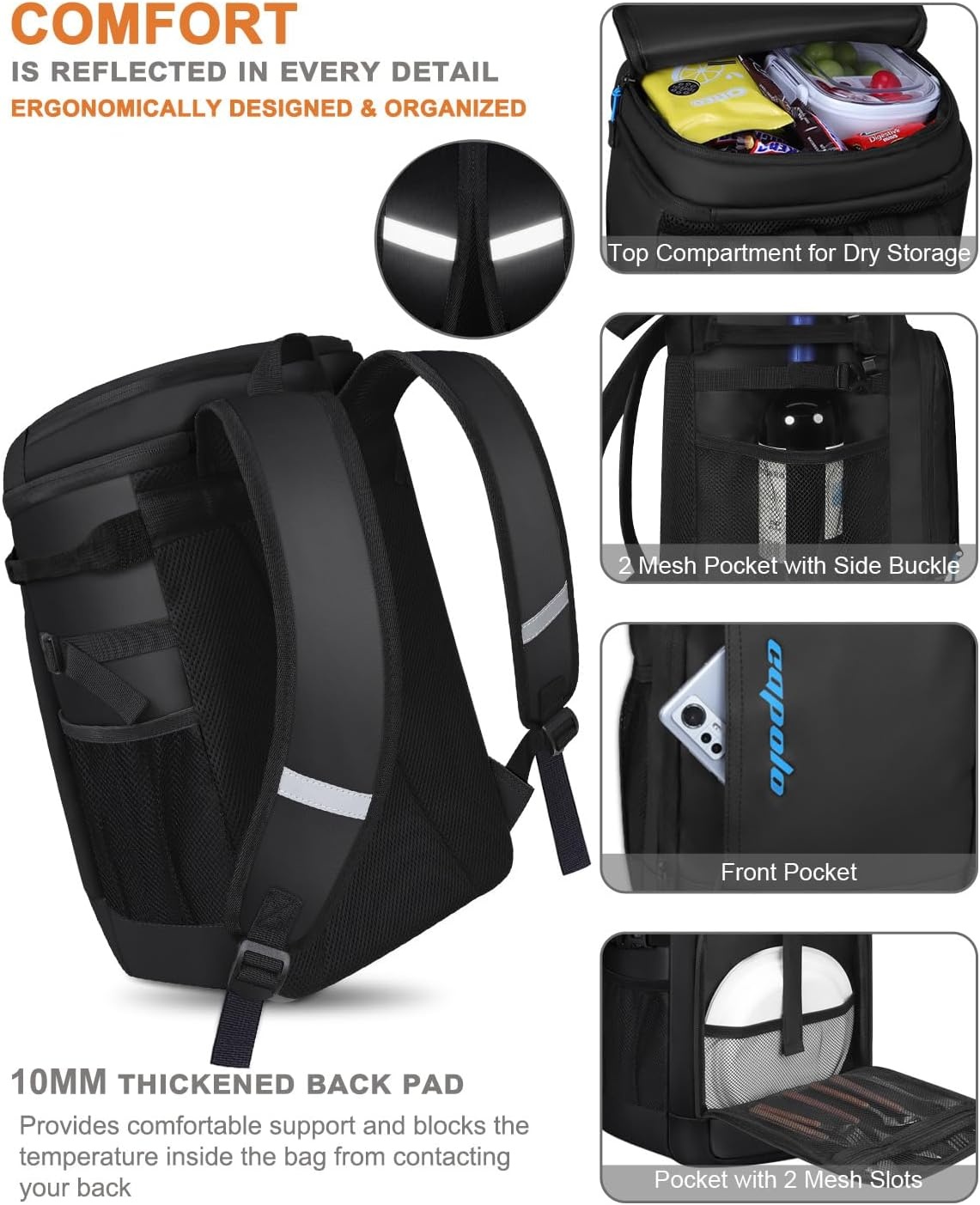image:imageCapolo Cooler Backpack Insulated Waterproof for Women Men3645 Cans Lunch Backpack Coolers Leak Proof Soft Cooler Bag Ice Chest for Camping BeachDeep Black Leather