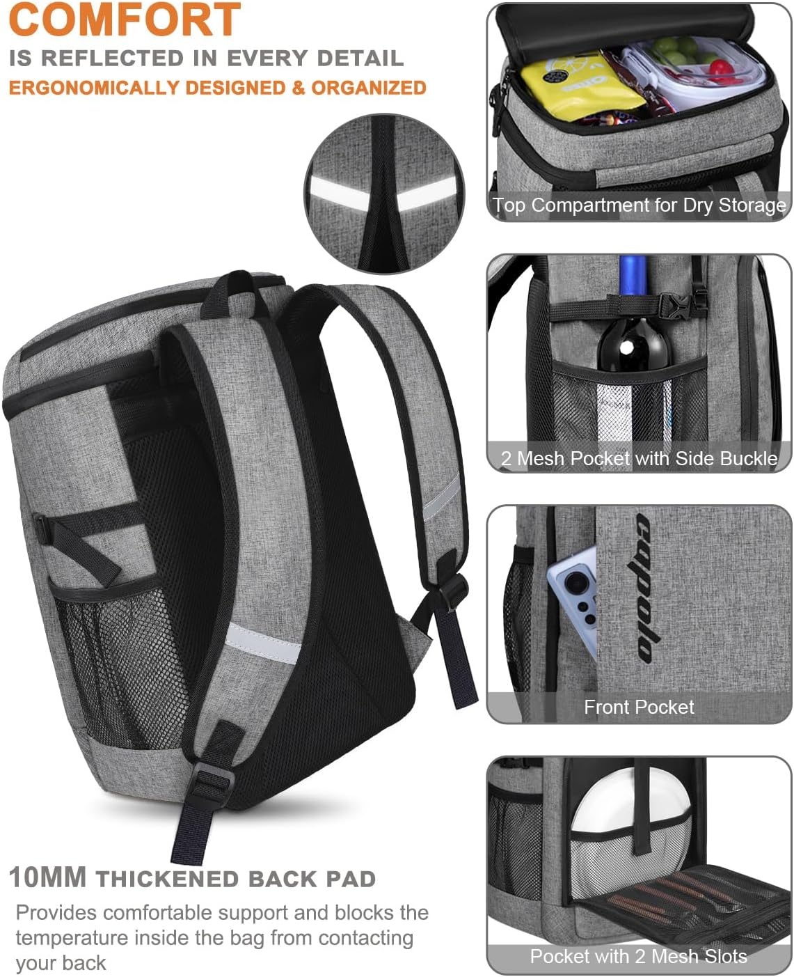image:imageCapolo Cooler Backpack Insulated Waterproof for Women Men3645 Cans Lunch Backpack Coolers Leak Proof Soft Cooler Bag Ice Chest for Camping BeachGrey