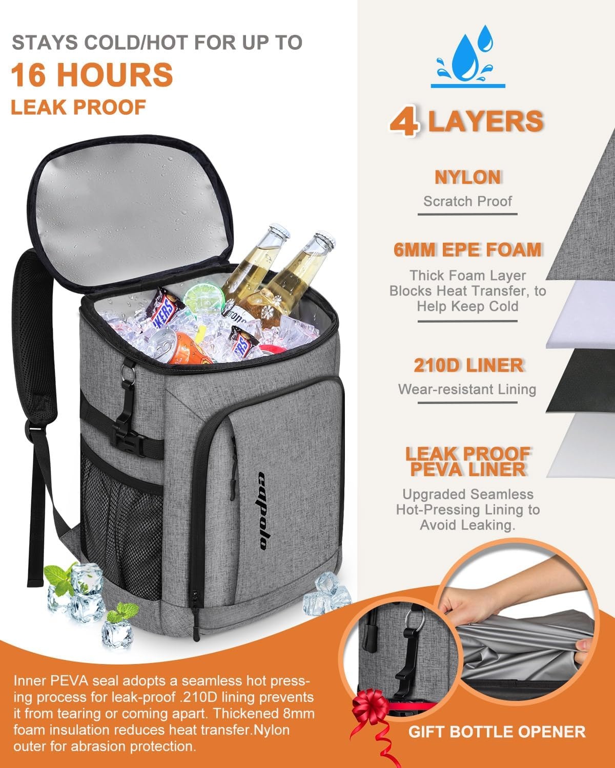 image:imageCapolo Cooler Backpack Insulated Waterproof for Women Men3645 Cans Lunch Backpack Coolers Leak Proof Soft Cooler Bag Ice Chest for Camping BeachGrey