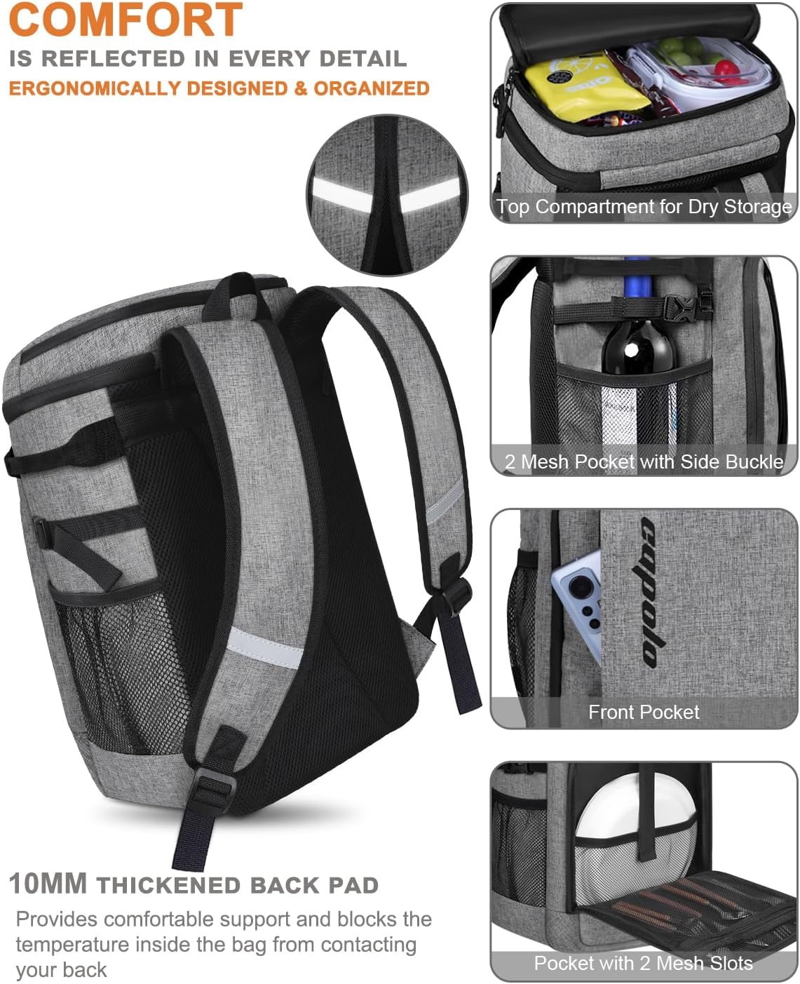 image:imageCapolo Cooler Backpack Insulated Waterproof for Women Men3645 Cans Lunch Backpack Coolers Leak Proof Soft Cooler Bag Ice Chest for Camping BeachGrey