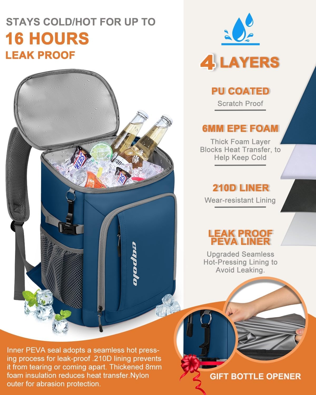 image:imageCapolo Cooler Backpack Insulated Waterproof for Women Men3645 Cans Lunch Backpack Coolers Leak Proof Soft Cooler Bag Ice Chest for Camping BeachLeather Blue