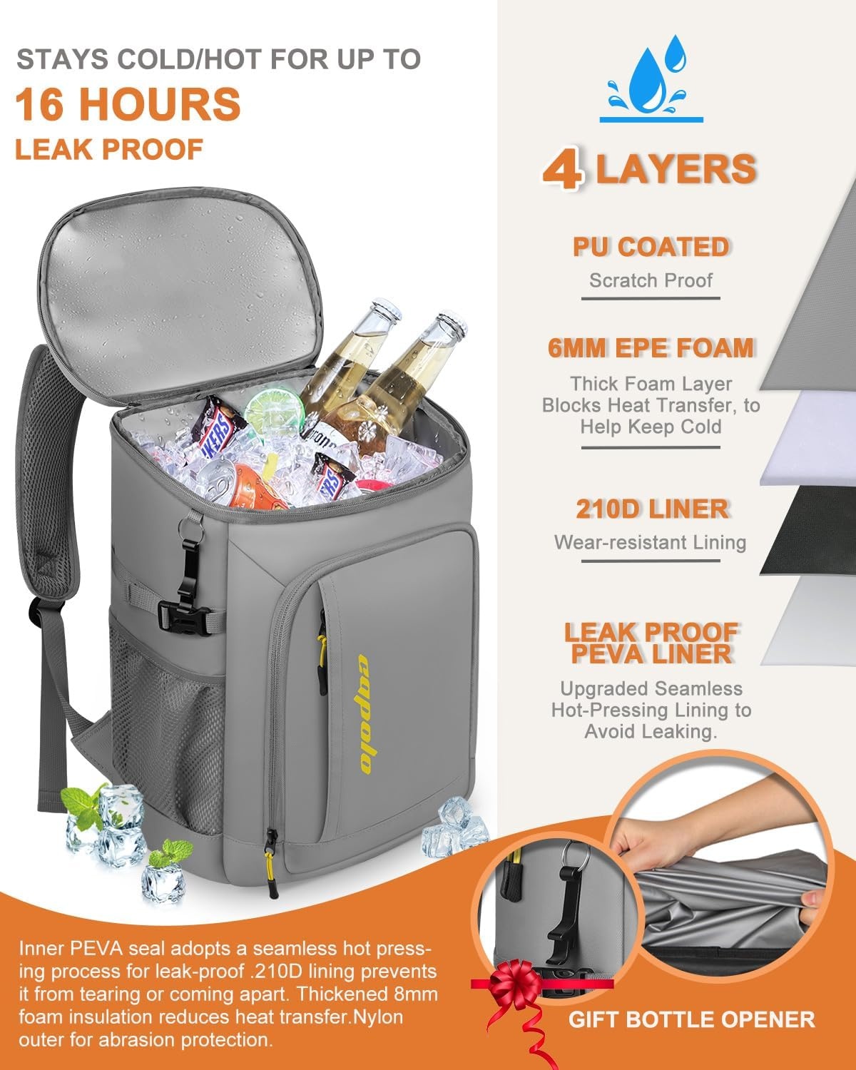 image:imageCapolo Cooler Backpack Insulated Waterproof for Women Men3645 Cans Lunch Backpack Coolers Leak Proof Soft Cooler Bag Ice Chest for Camping BeachLeather Gray With Yellow