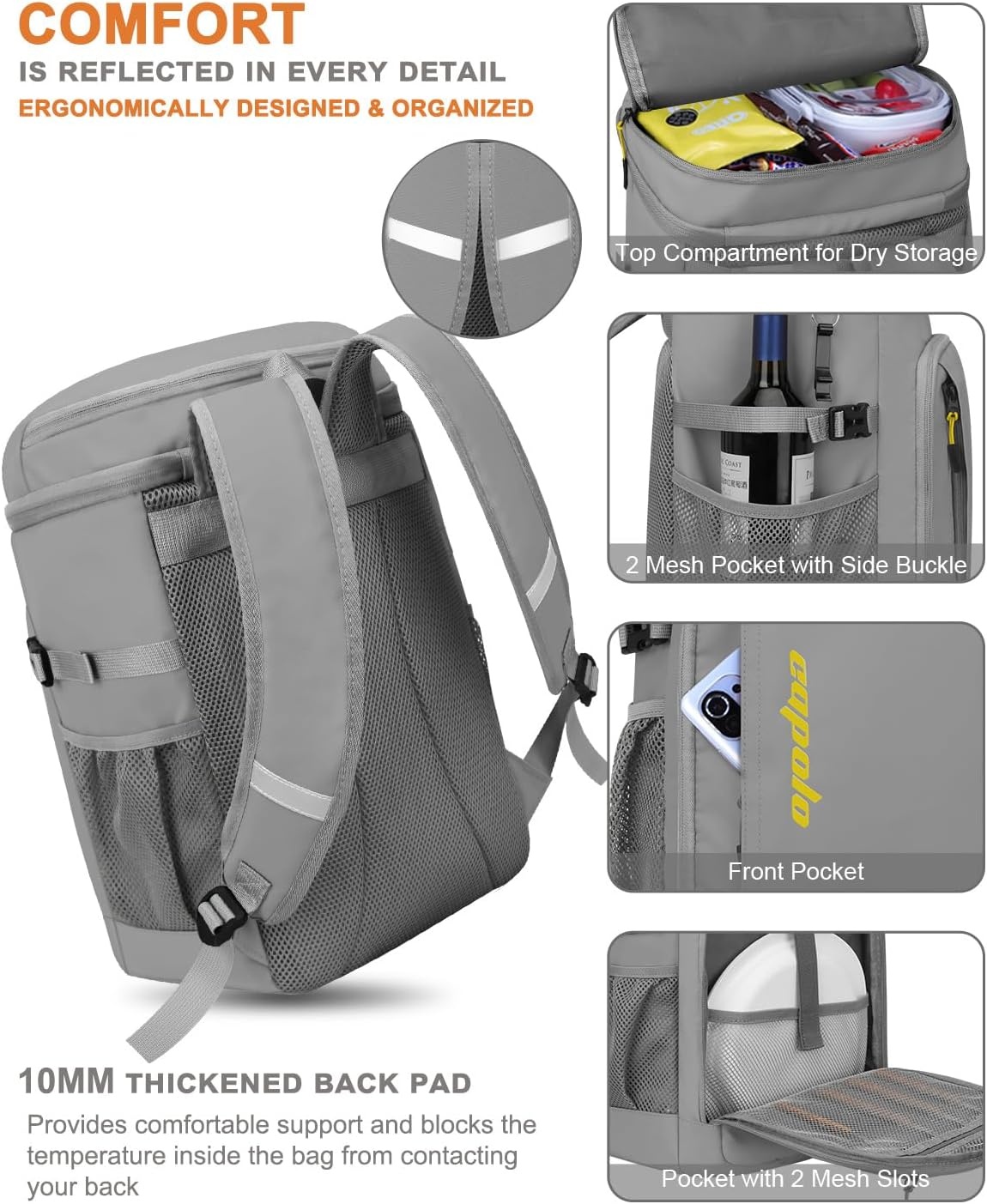image:imageCapolo Cooler Backpack Insulated Waterproof for Women Men3645 Cans Lunch Backpack Coolers Leak Proof Soft Cooler Bag Ice Chest for Camping BeachLeather Gray With Yellow