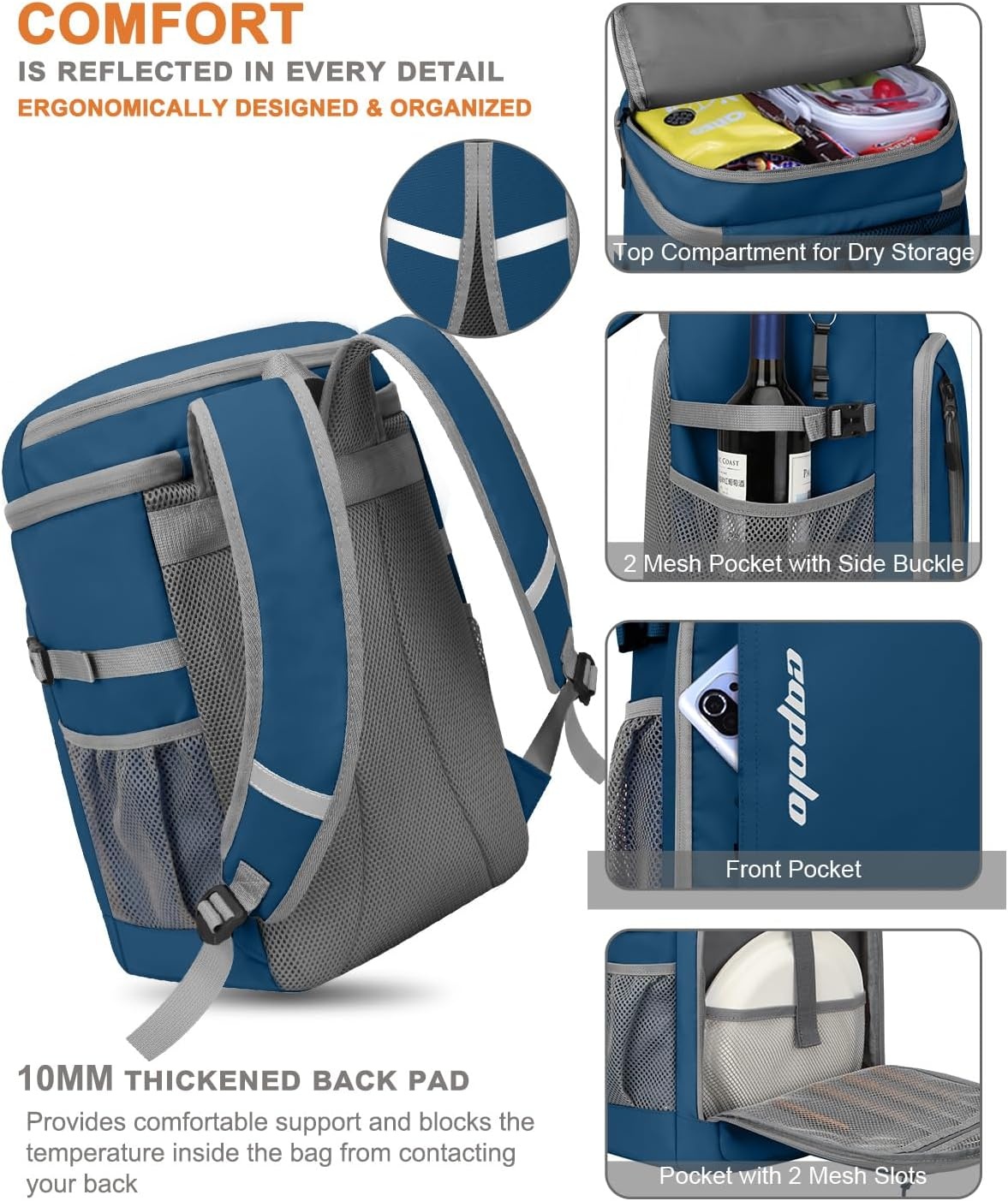 image:imageCapolo Cooler Backpack Insulated Waterproof for Women Men3645 Cans Lunch Backpack Coolers Leak Proof Soft Cooler Bag Ice Chest for Camping BeachLeather Blue