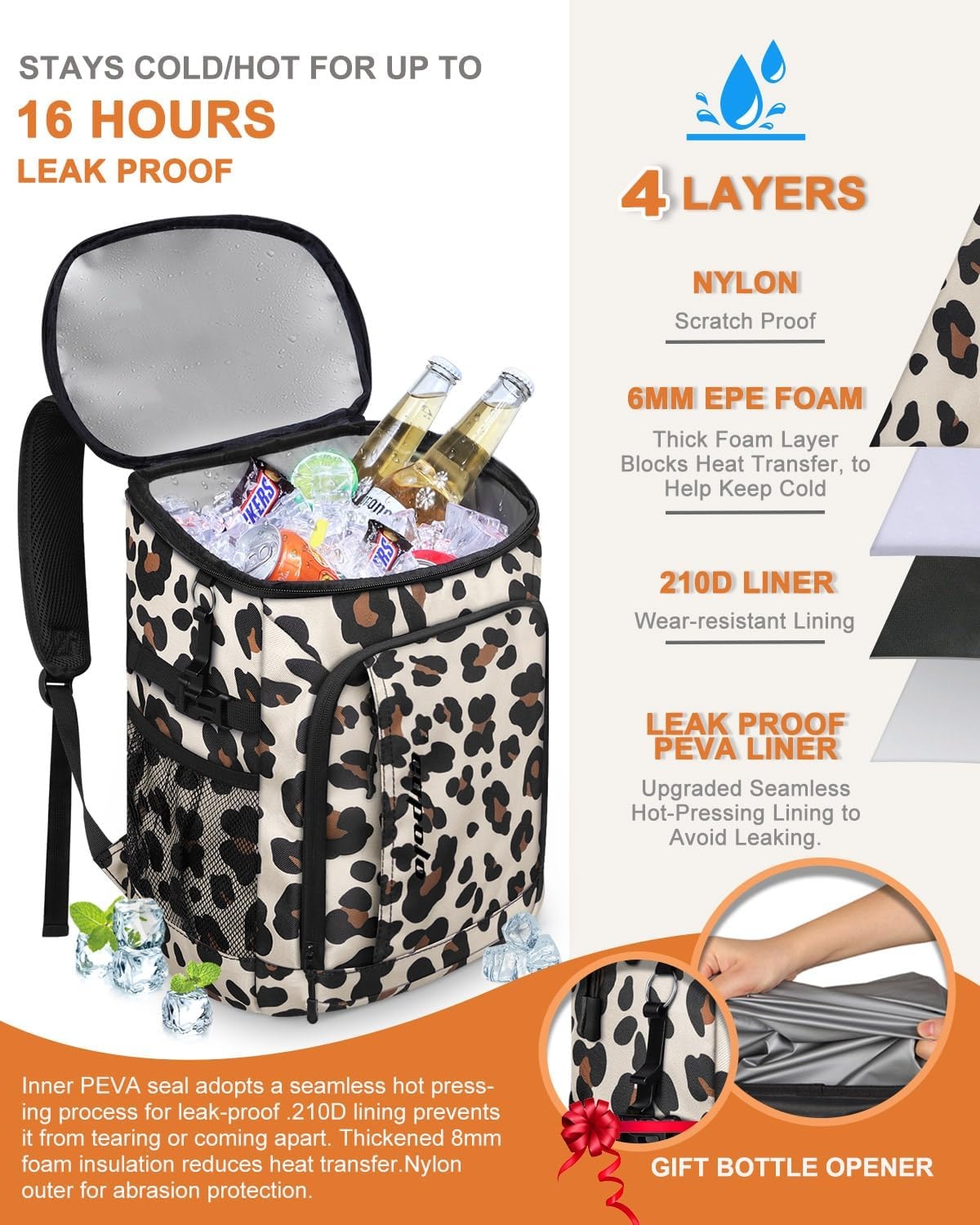 image:imageCapolo Cooler Backpack Insulated Waterproof for Women Men3645 Cans Lunch Backpack Coolers Leak Proof Soft Cooler Bag Ice Chest for Camping BeachLeopard