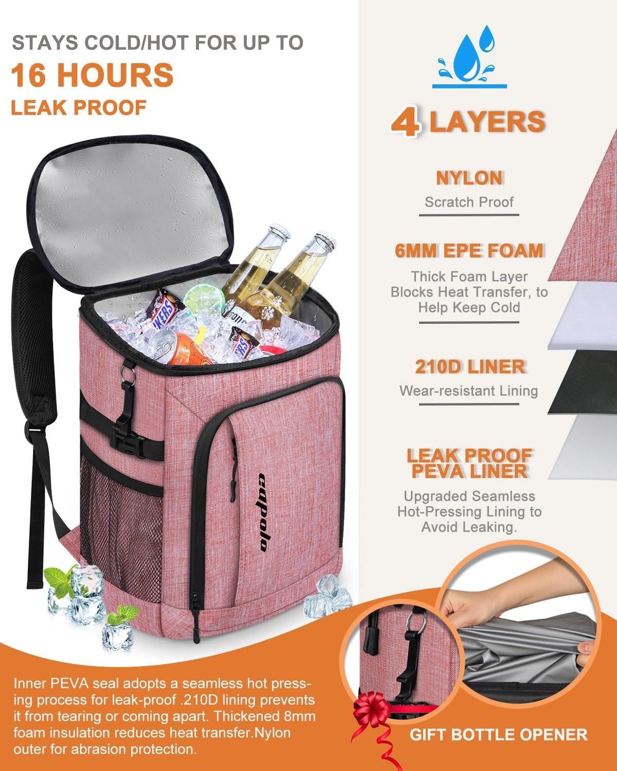 image:imageCapolo Cooler Backpack Insulated Waterproof for Women Men3645 Cans Lunch Backpack Coolers Leak Proof Soft Cooler Bag Ice Chest for Camping BeachRed