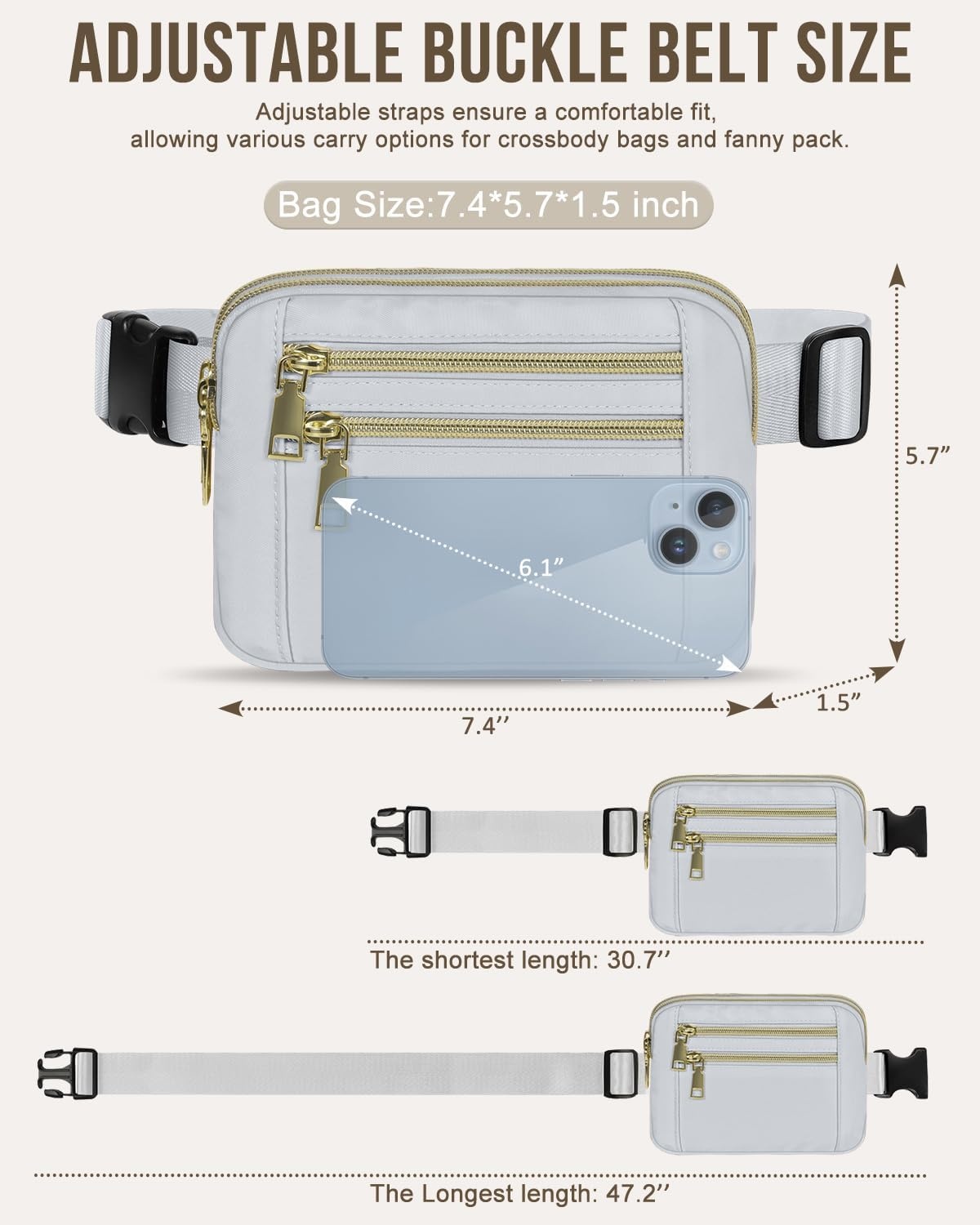 image:imageCapolo Fanny Packs for Women Fashion Waist Packs Bag with Adjustable Strap and 4 Zipper Pockets Waterproof Everywhere Crossbody Belt Bag for Workout Running TravellingBlackLight Grey