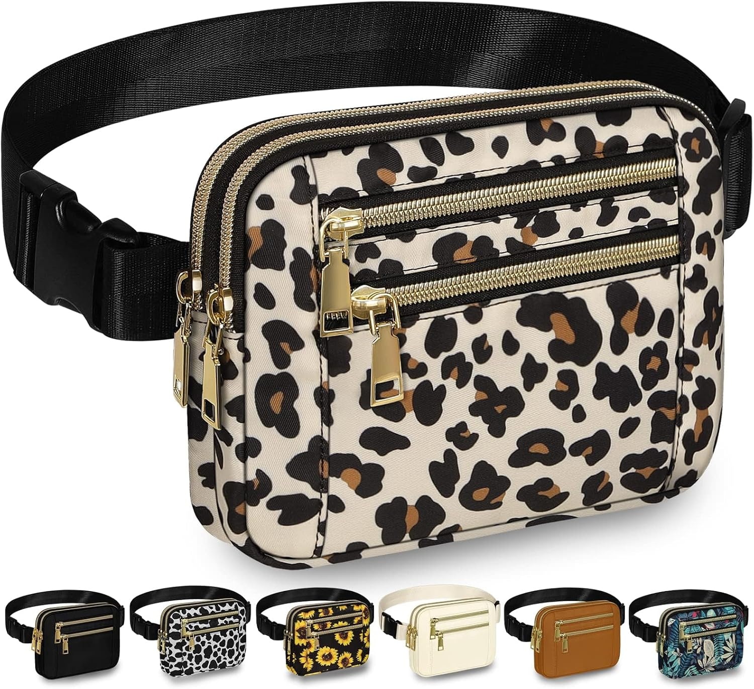 image:imageCapolo Fanny Packs for Women Fashion Waist Packs Bag with Adjustable Strap and 4 Zipper Pockets Waterproof Everywhere Crossbody Belt Bag for Workout Running TravellingBlackLeopard