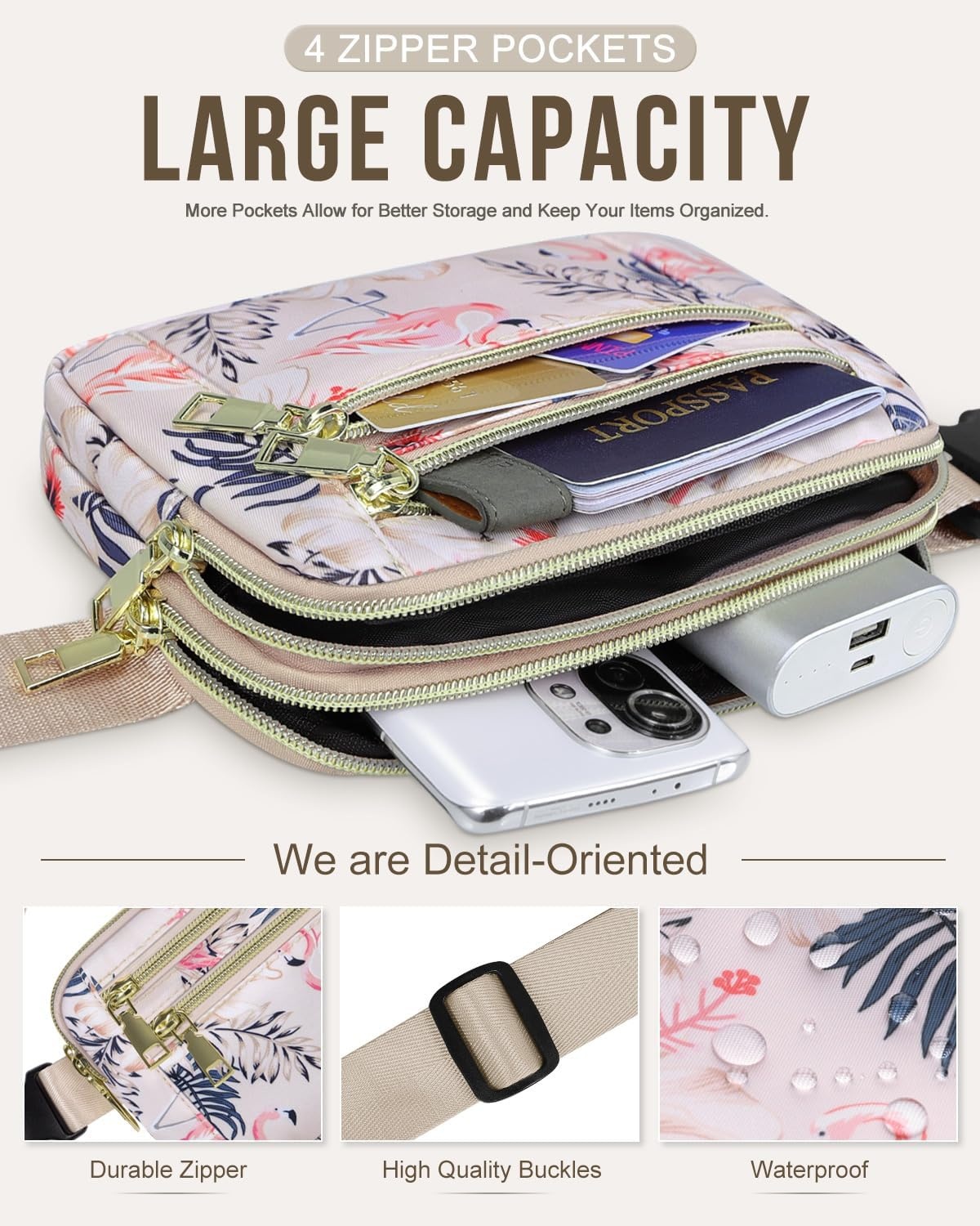 image:imageCapolo Fanny Packs for Women Fashion Waist Packs Bag with Adjustable Strap and 4 Zipper Pockets Waterproof Everywhere Crossbody Belt Bag for Workout Running TravellingBlackFlamingo