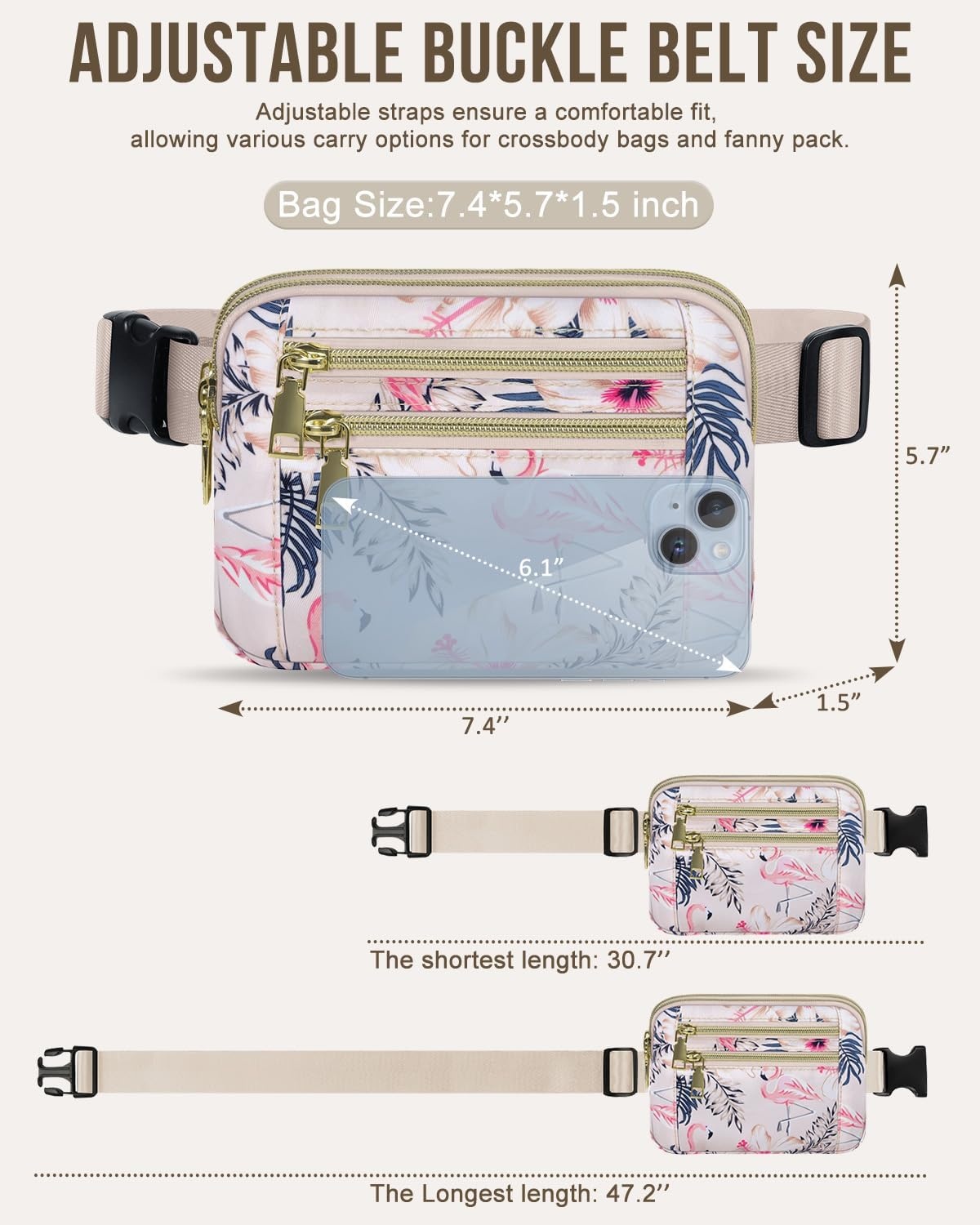 image:imageCapolo Fanny Packs for Women Fashion Waist Packs Bag with Adjustable Strap and 4 Zipper Pockets Waterproof Everywhere Crossbody Belt Bag for Workout Running TravellingBlackFlamingo