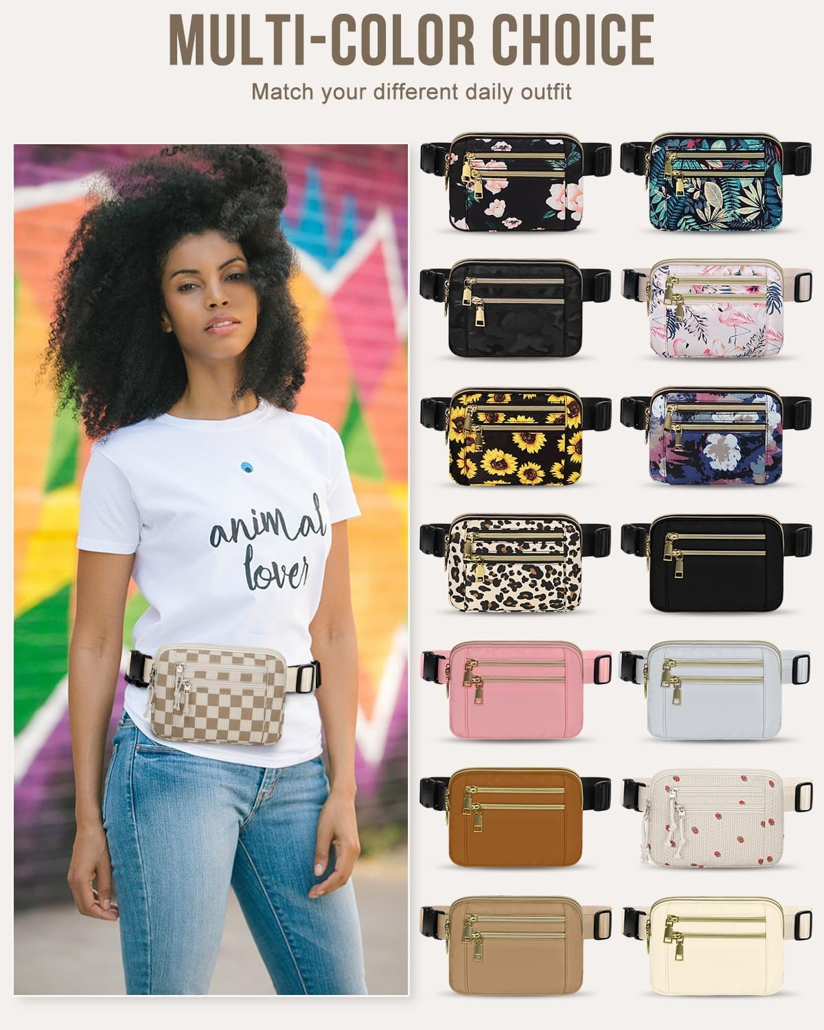 image:imageCapolo Fanny Packs for Women Fashion Waist Packs Bag with Adjustable Strap and 4 Zipper Pockets Waterproof Everywhere Crossbody Belt Bag for Workout Running TravellingBlackKhaki Checkered