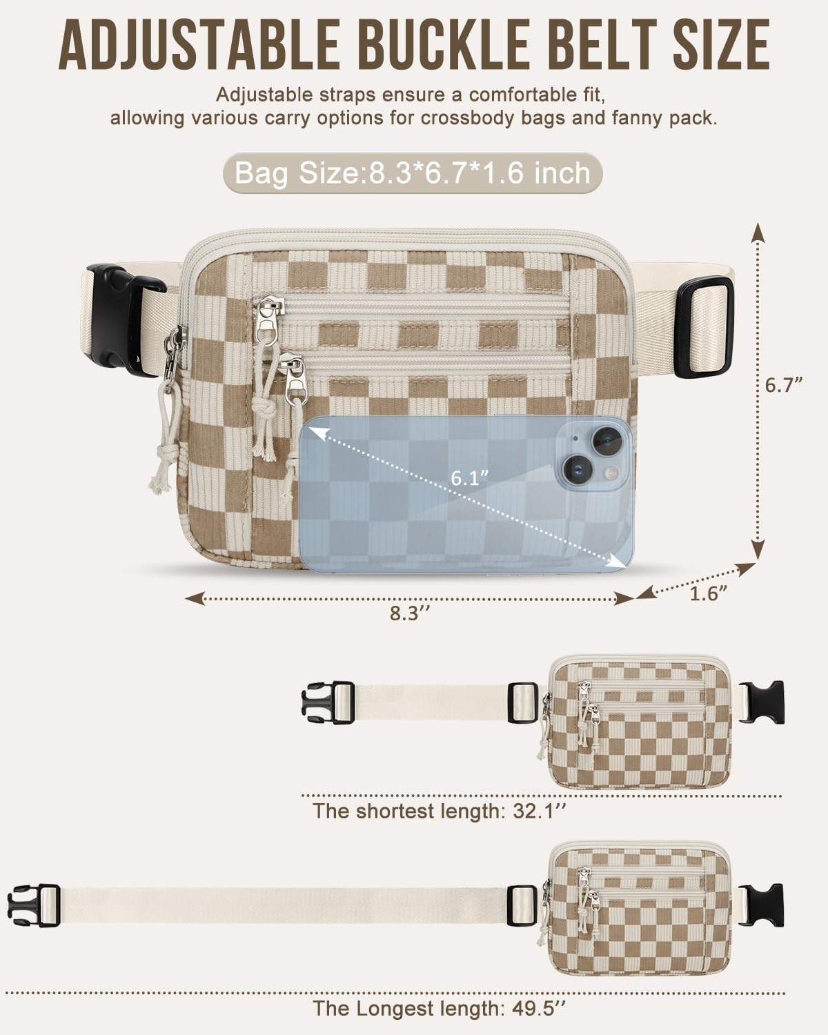 image:imageCapolo Fanny Packs for Women Fashion Waist Packs Bag with Adjustable Strap and 4 Zipper Pockets Waterproof Everywhere Crossbody Belt Bag for Workout Running TravellingBlackKhaki Checkered
