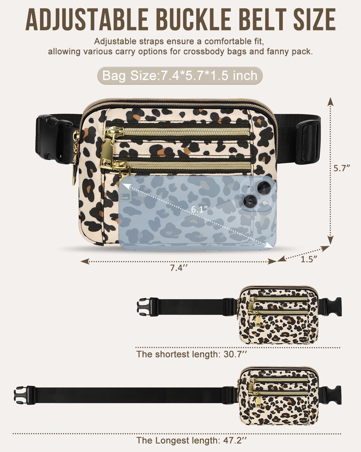 image:imageCapolo Fanny Packs for Women Fashion Waist Packs Bag with Adjustable Strap and 4 Zipper Pockets Waterproof Everywhere Crossbody Belt Bag for Workout Running TravellingBlackLeopard