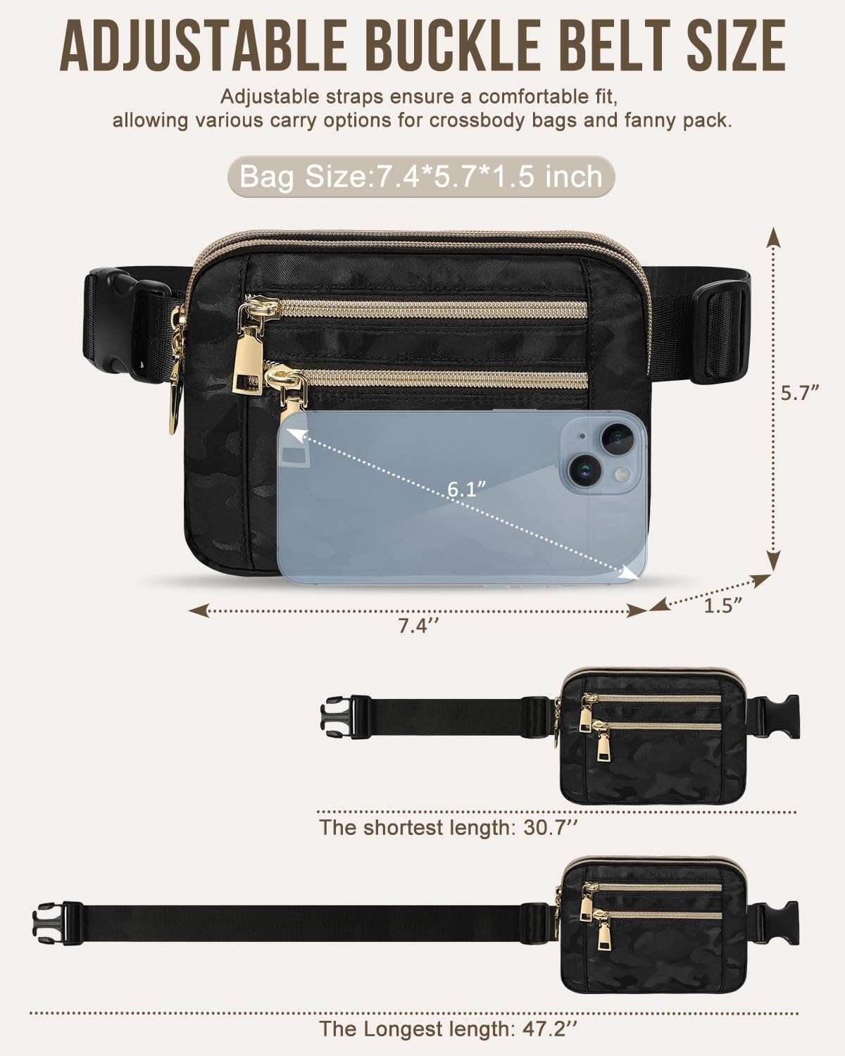 image:imageCapolo Fanny Packs for Women Fashion Waist Packs Bag with Adjustable Strap and 4 Zipper Pockets Waterproof Everywhere Crossbody Belt Bag for Workout Running TravellingBlackBlack Camo