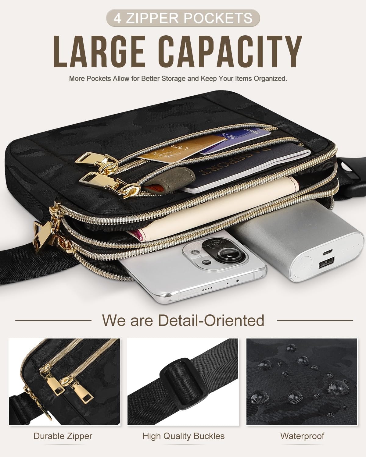 image:imageCapolo Fanny Packs for Women Fashion Waist Packs Bag with Adjustable Strap and 4 Zipper Pockets Waterproof Everywhere Crossbody Belt Bag for Workout Running TravellingBlackBlack Camo