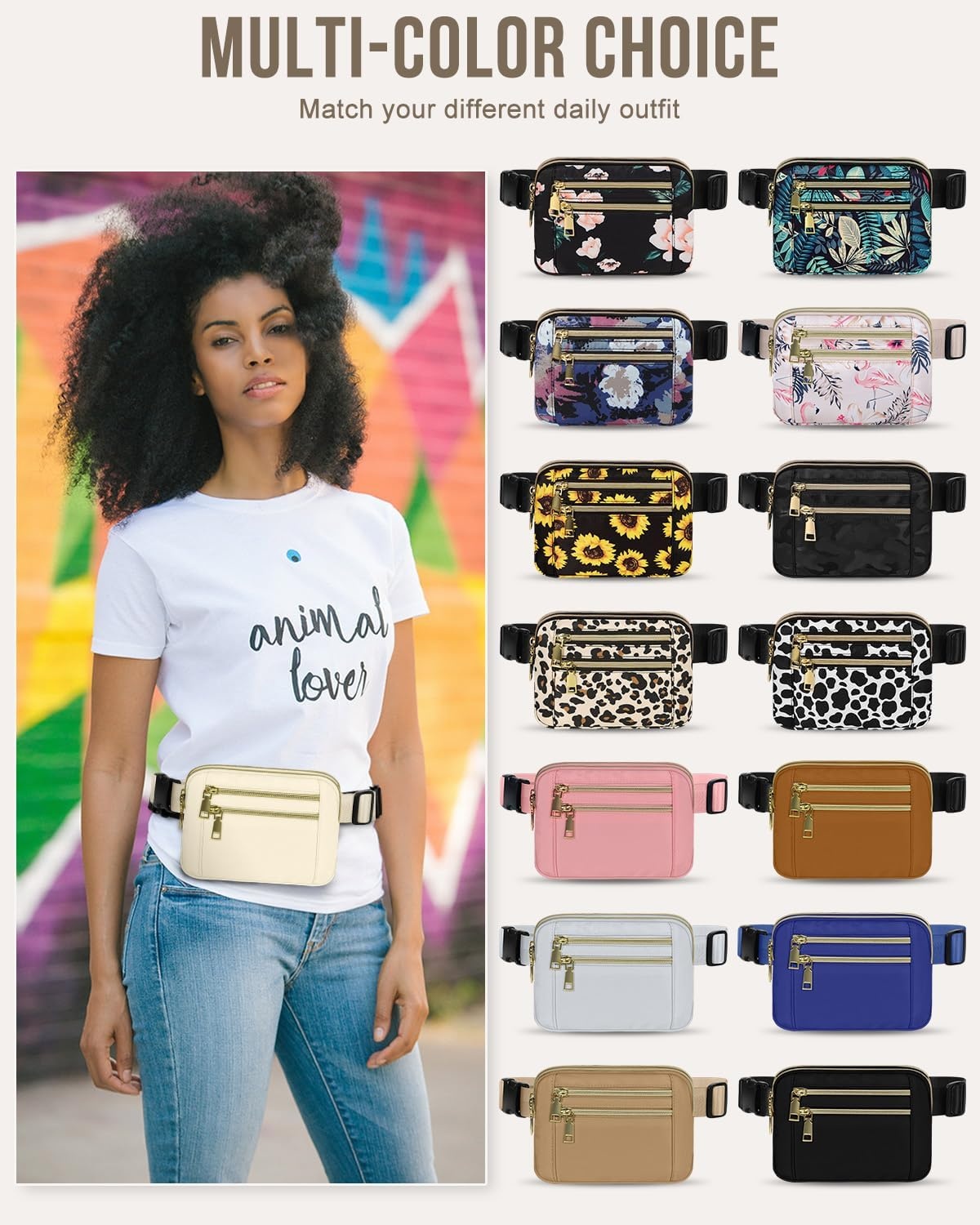 image:imageCapolo Fanny Packs for Women Fashion Waist Packs Bag with Adjustable Strap and 4 Zipper Pockets Waterproof Everywhere Crossbody Belt Bag for Workout Running TravellingBlackIvory
