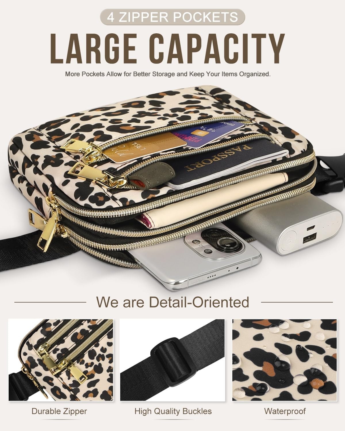image:imageCapolo Fanny Packs for Women Fashion Waist Packs Bag with Adjustable Strap and 4 Zipper Pockets Waterproof Everywhere Crossbody Belt Bag for Workout Running TravellingBlackLeopard