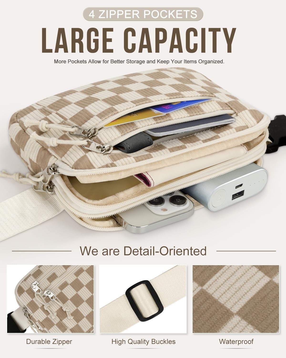 image:imageCapolo Fanny Packs for Women Fashion Waist Packs Bag with Adjustable Strap and 4 Zipper Pockets Waterproof Everywhere Crossbody Belt Bag for Workout Running TravellingBlackKhaki Checkered