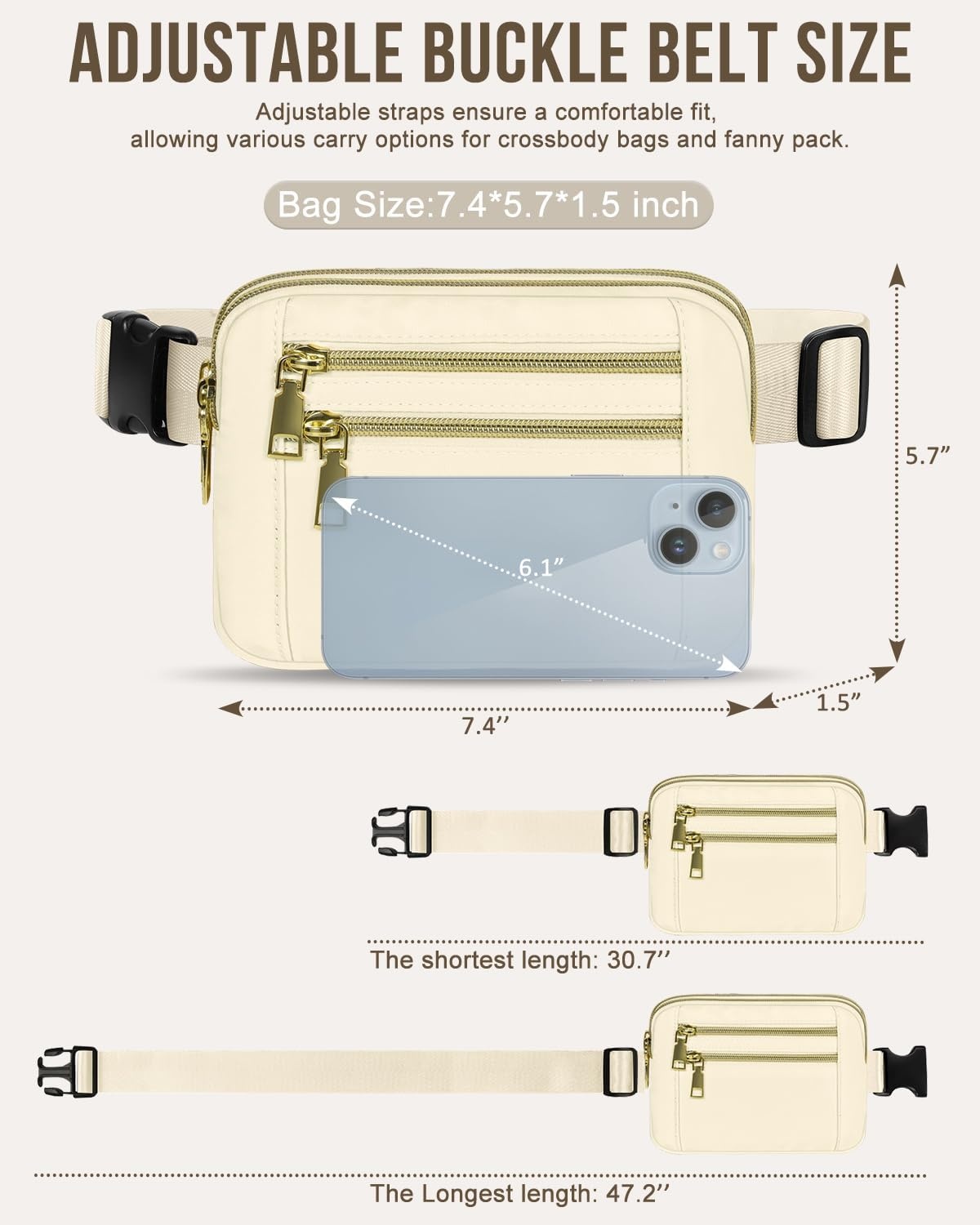 image:imageCapolo Fanny Packs for Women Fashion Waist Packs Bag with Adjustable Strap and 4 Zipper Pockets Waterproof Everywhere Crossbody Belt Bag for Workout Running TravellingBlackIvory
