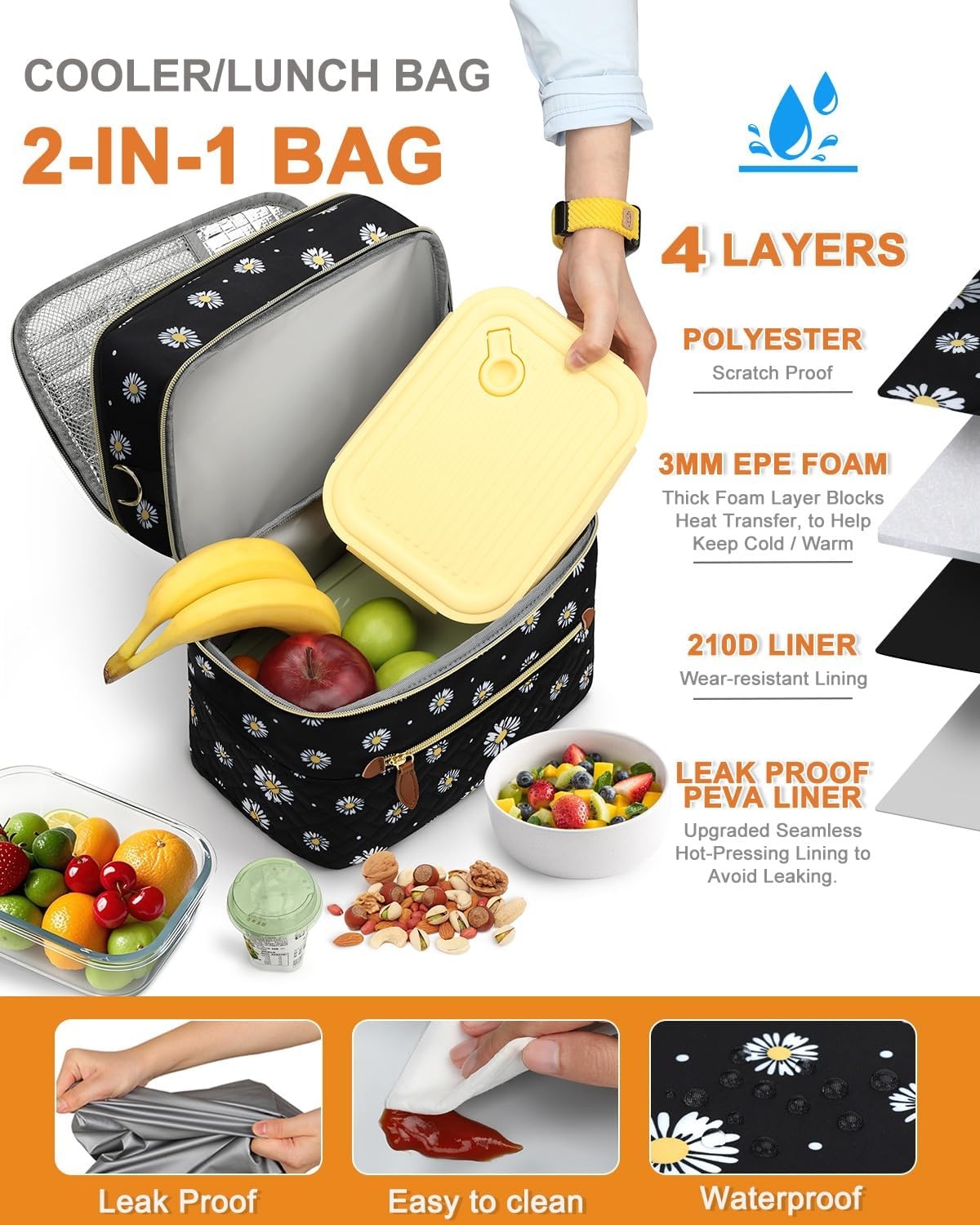 image:imageCapolo Lunch Box for Women Men AdultsInsulated Lunch Bag Leakproof Lunch Cooler Box with Removable Strap Cute Lunch Tote Bags Reusable Thermal Lunchbox for School Work PicnicSmallBeigeBlack Flower