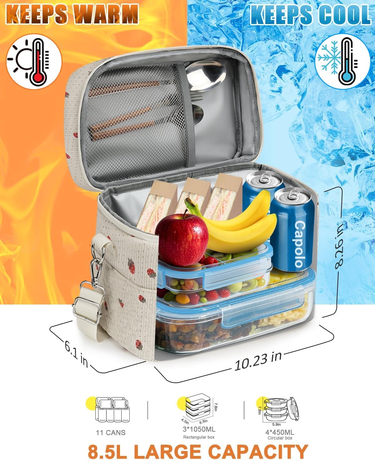 image:imageCapolo Lunch Box for Women Men AdultsInsulated Lunch Bag Leakproof Lunch Cooler Box with Removable Strap Cute Lunch Tote Bags Reusable Thermal Lunchbox for School Work PicnicSmallBeigeStrawberry