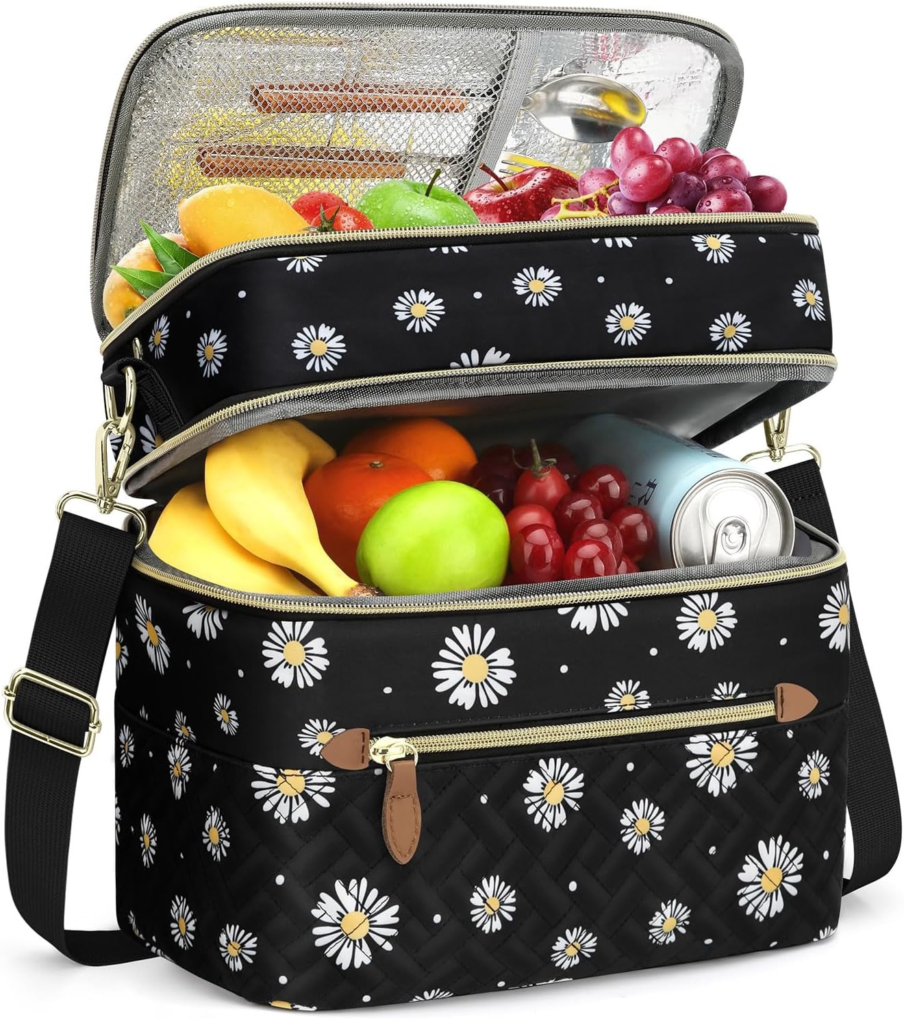image:imageCapolo Lunch Box for Women Men AdultsInsulated Lunch Bag Leakproof Lunch Cooler Box with Removable Strap Cute Lunch Tote Bags Reusable Thermal Lunchbox for School Work PicnicSmallBeigeBlack Flower
