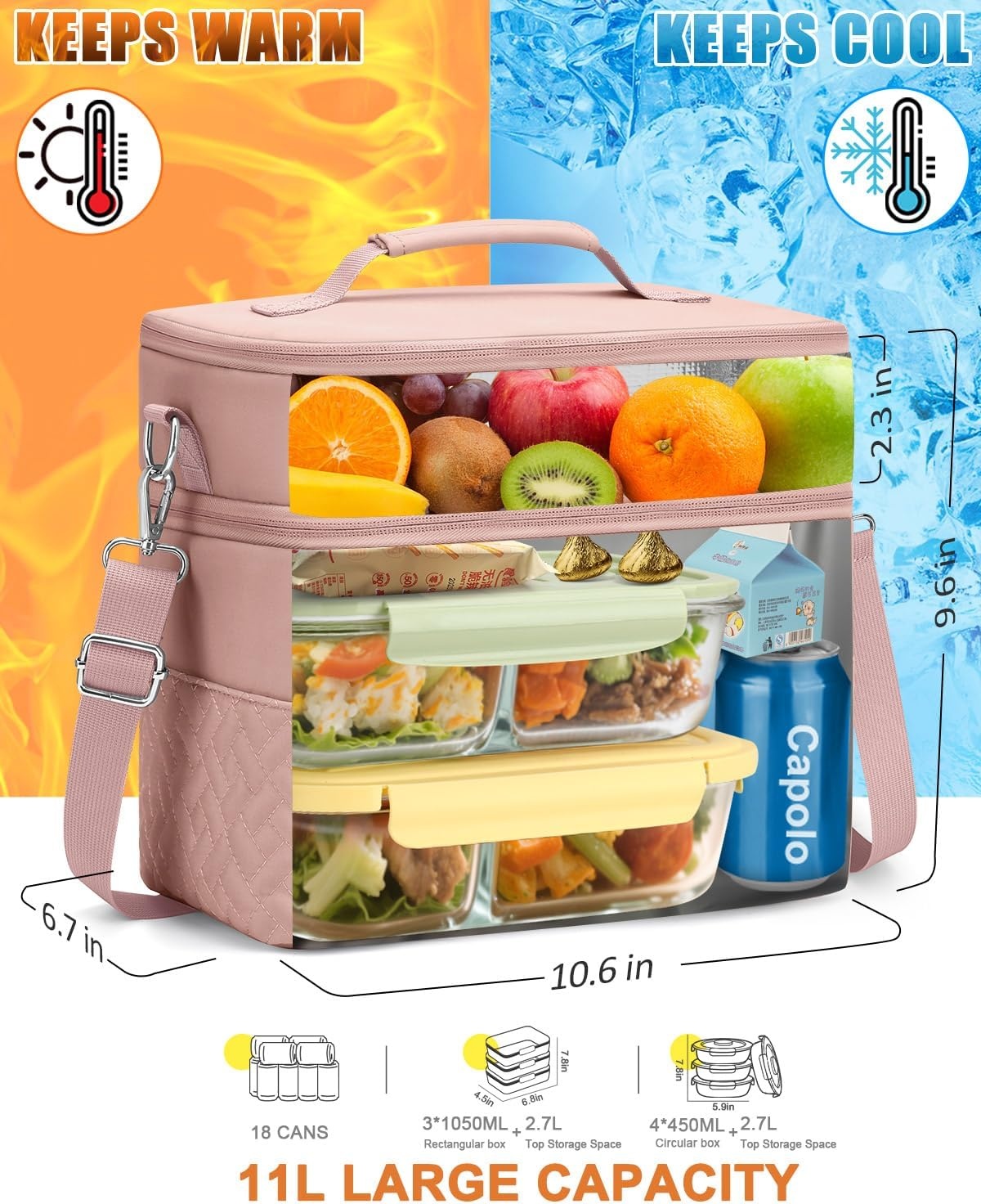 image:imageCapolo Lunch Box for Women Men AdultsInsulated Lunch Bag Leakproof Lunch Cooler Box with Removable Strap Cute Lunch Tote Bags Reusable Thermal Lunchbox for School Work PicnicSmallBeigePink