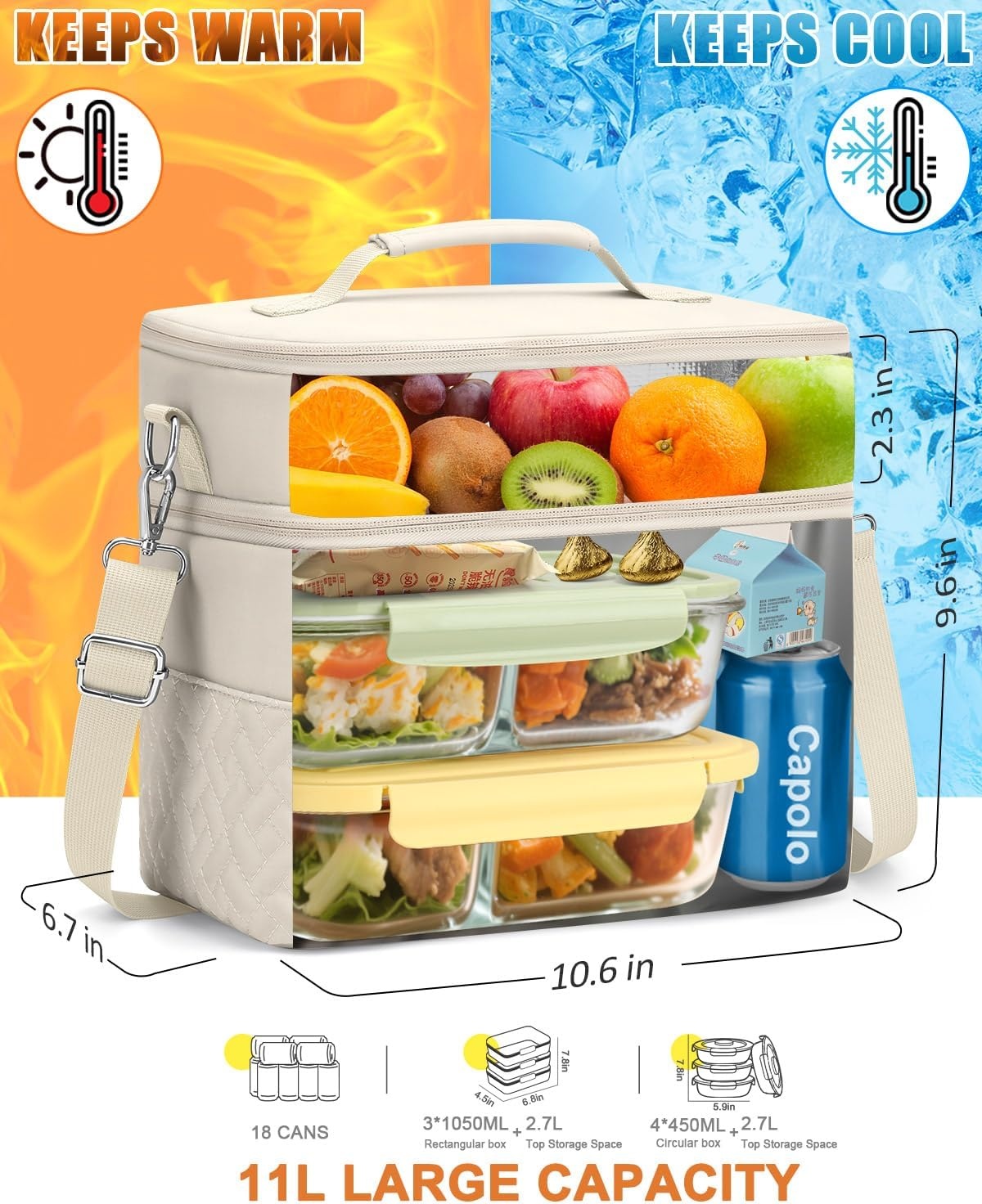 image:imageCapolo Lunch Box for Women Men AdultsInsulated Lunch Bag Leakproof Lunch Cooler Box with Removable Strap Cute Lunch Tote Bags Reusable Thermal Lunchbox for School Work PicnicSmallBeigeBeige