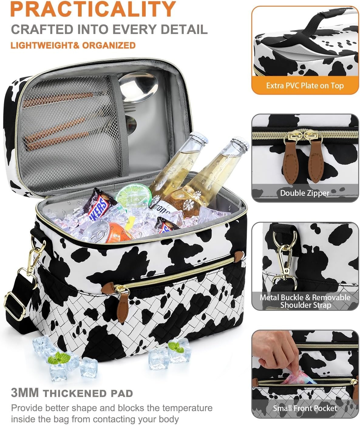 image:imageCapolo Lunch Box for Women Men AdultsInsulated Lunch Bag Leakproof Lunch Cooler Box with Removable Strap Cute Lunch Tote Bags Reusable Thermal Lunchbox for School Work PicnicSmallBeigeCow print