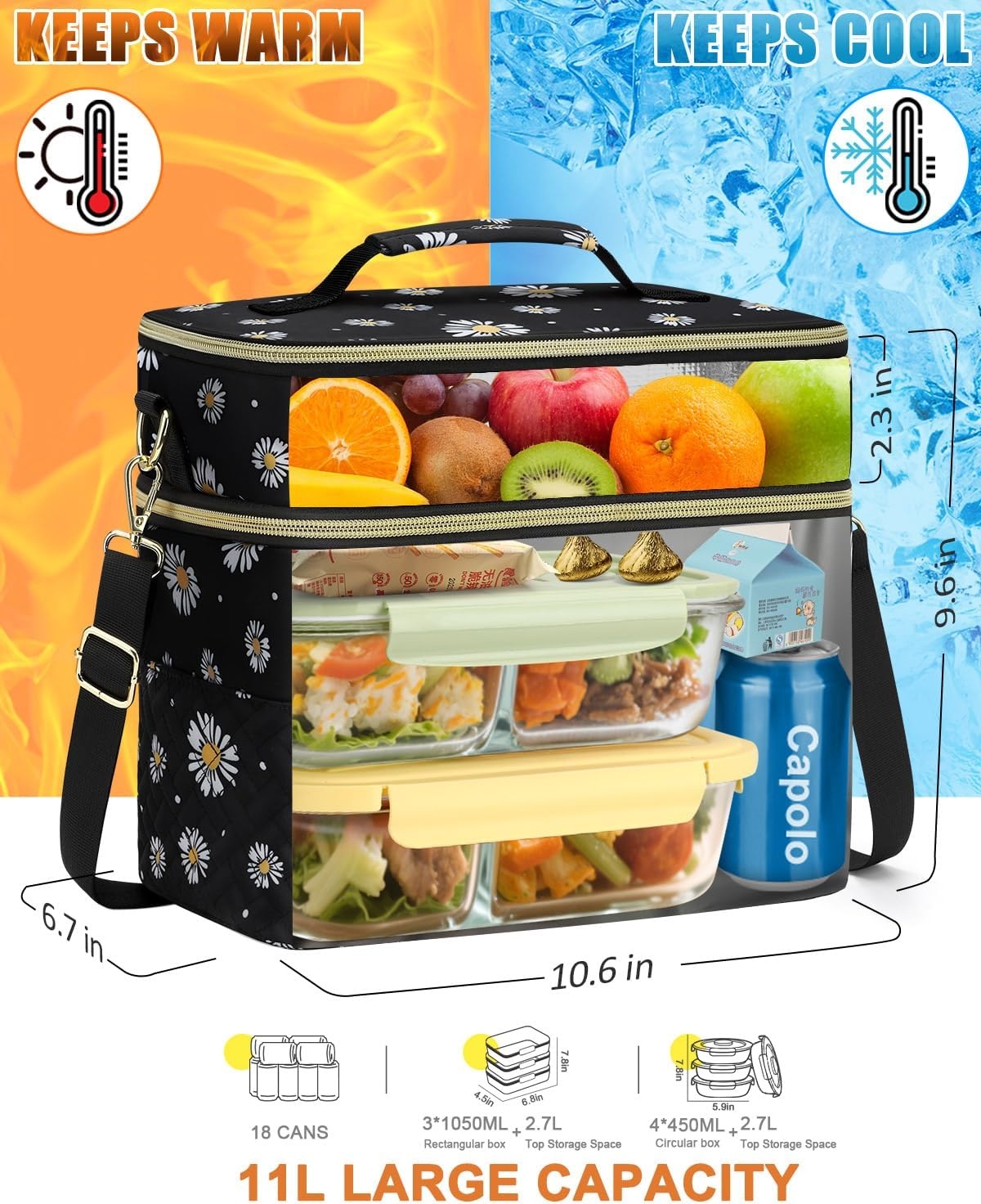 image:imageCapolo Lunch Box for Women Men AdultsInsulated Lunch Bag Leakproof Lunch Cooler Box with Removable Strap Cute Lunch Tote Bags Reusable Thermal Lunchbox for School Work PicnicSmallBeigeBlack Flower