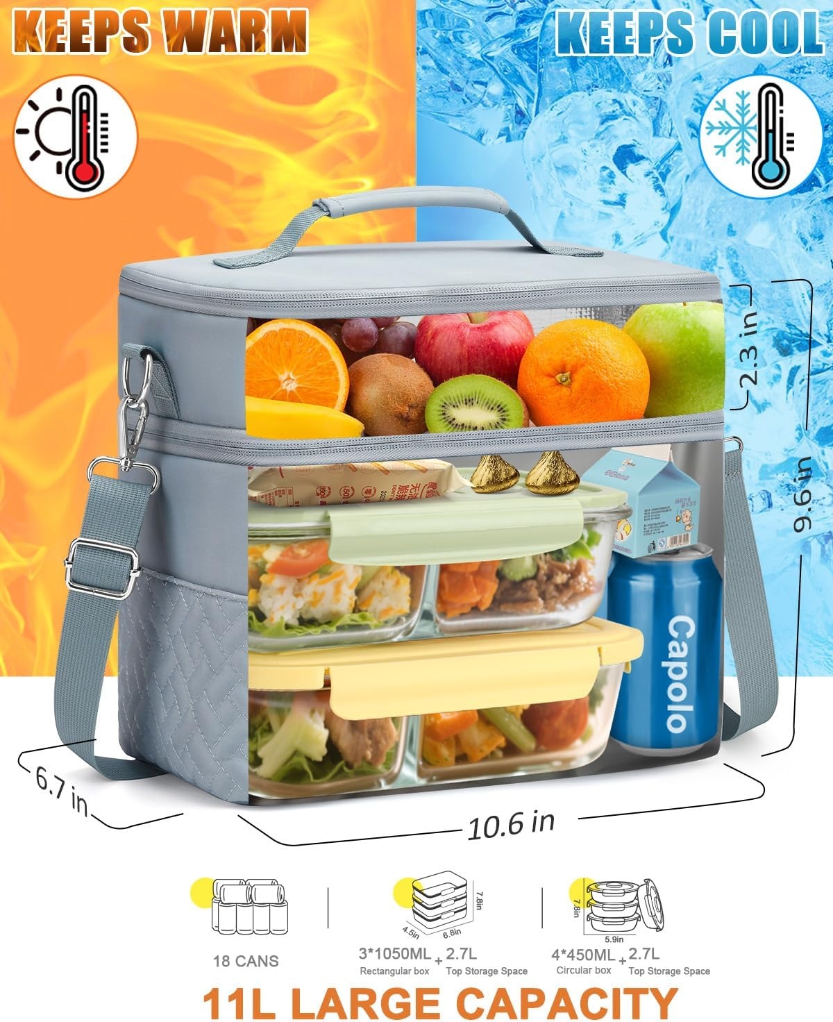 image:imageCapolo Lunch Box for Women Men AdultsInsulated Lunch Bag Leakproof Lunch Cooler Box with Removable Strap Cute Lunch Tote Bags Reusable Thermal Lunchbox for School Work PicnicSmallBeigeBlue