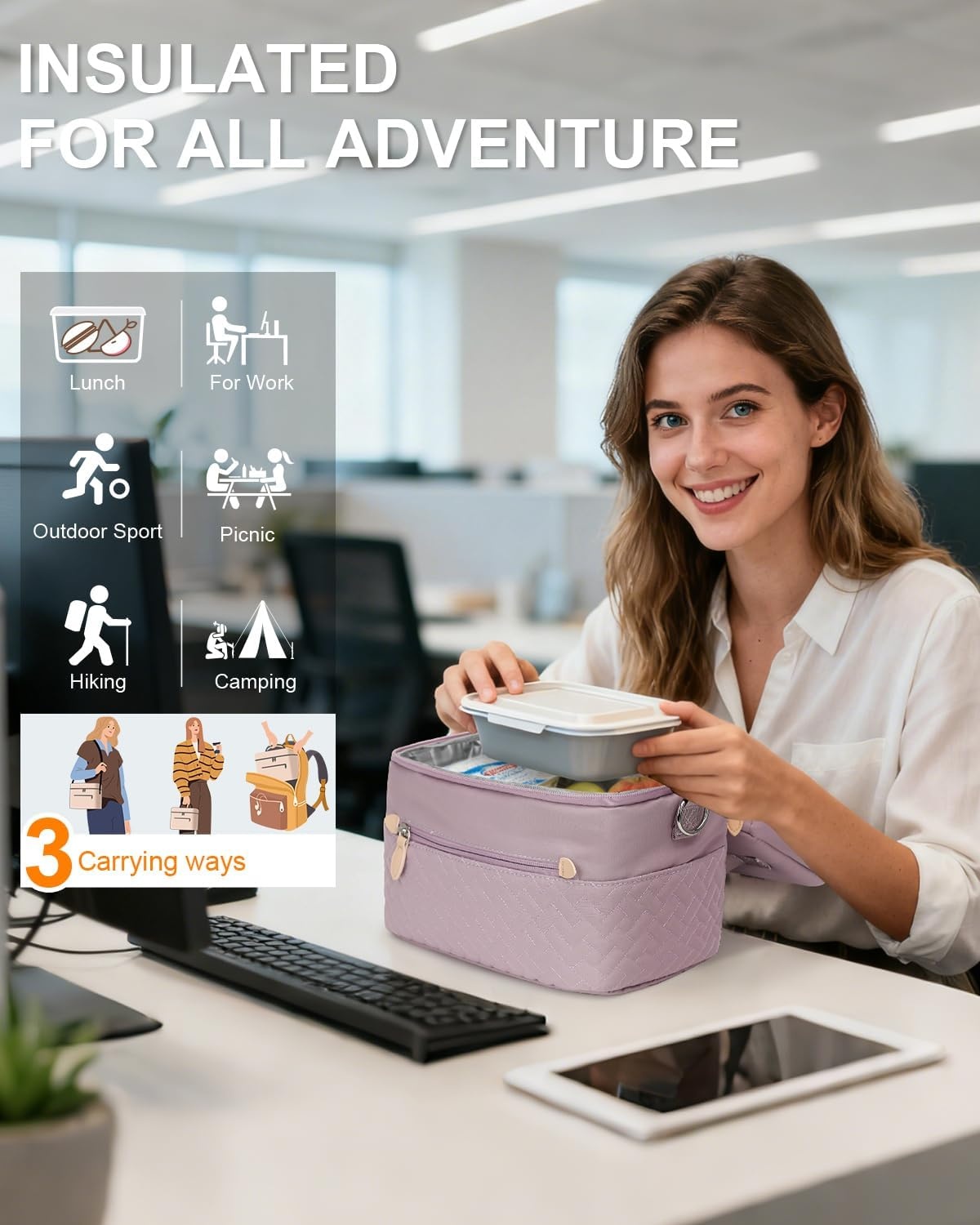 image:imageCapolo Lunch Box for Women Men AdultsInsulated Lunch Bag Leakproof Lunch Cooler Box with Removable Strap Cute Lunch Tote Bags Reusable Thermal Lunchbox for School Work PicnicSmallBeigePurple