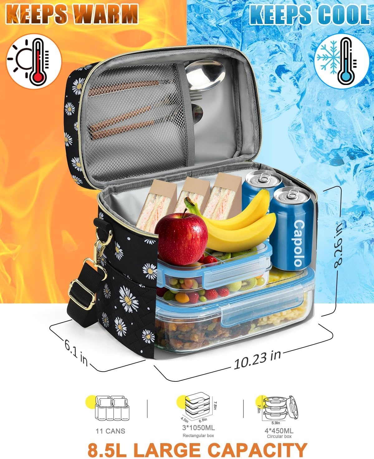 image:imageCapolo Lunch Box for Women Men AdultsInsulated Lunch Bag Leakproof Lunch Cooler Box with Removable Strap Cute Lunch Tote Bags Reusable Thermal Lunchbox for School Work PicnicSmallBeigeBlack Flower