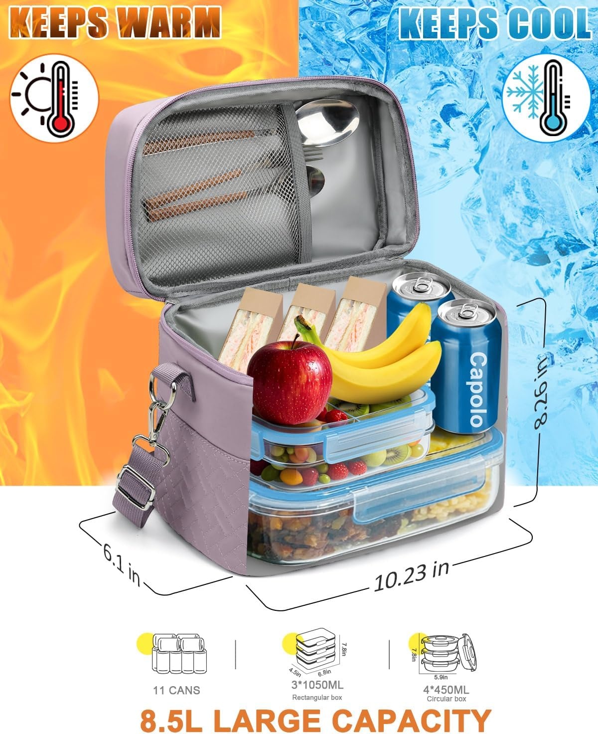 image:imageCapolo Lunch Box for Women Men AdultsInsulated Lunch Bag Leakproof Lunch Cooler Box with Removable Strap Cute Lunch Tote Bags Reusable Thermal Lunchbox for School Work PicnicSmallBeigePurple
