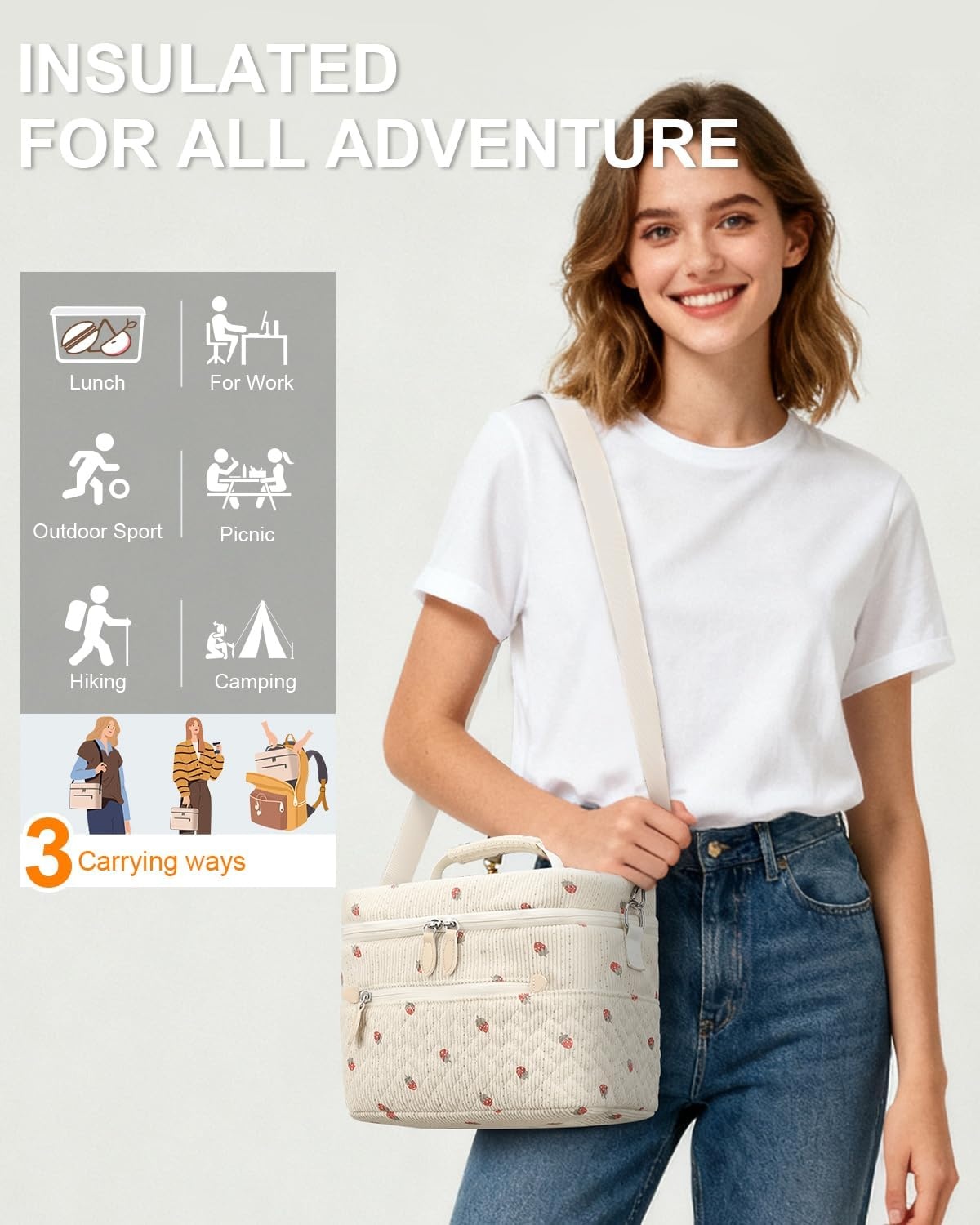 image:imageCapolo Lunch Box for Women Men AdultsInsulated Lunch Bag Leakproof Lunch Cooler Box with Removable Strap Cute Lunch Tote Bags Reusable Thermal Lunchbox for School Work PicnicSmallBeigeStrawberry