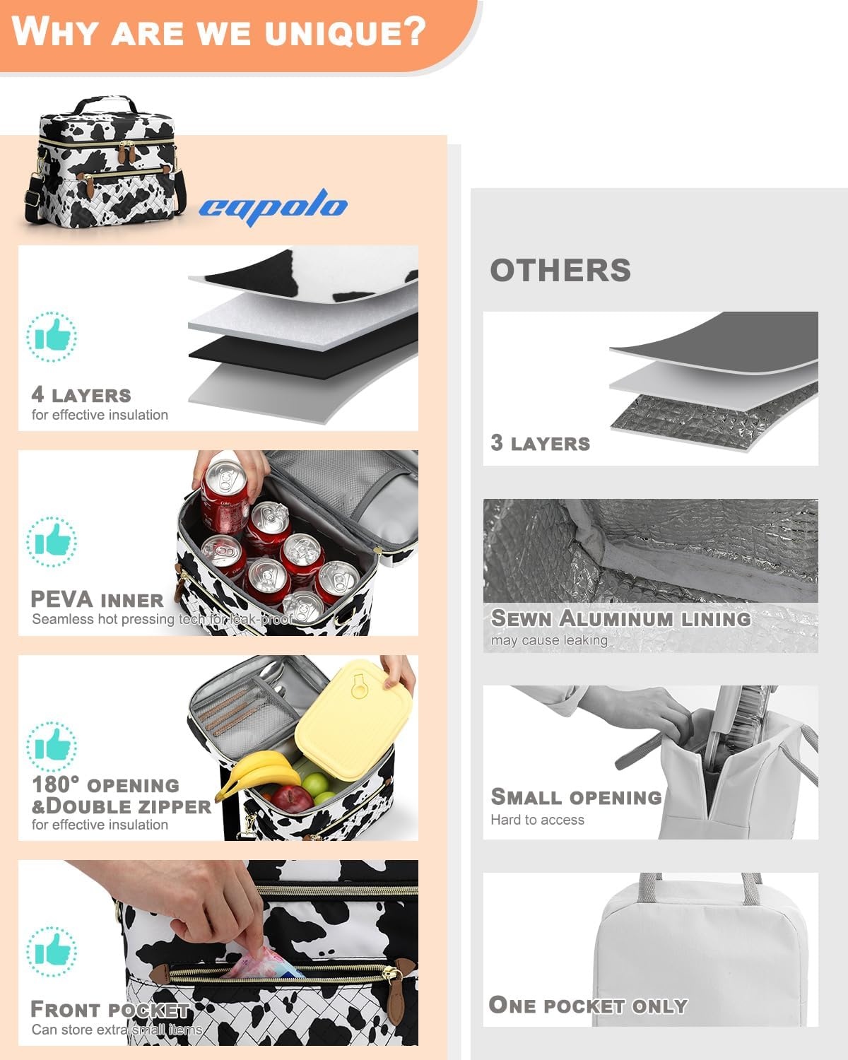 image:imageCapolo Lunch Box for Women Men AdultsInsulated Lunch Bag Leakproof Lunch Cooler Box with Removable Strap Cute Lunch Tote Bags Reusable Thermal Lunchbox for School Work PicnicSmallBeigeCow print