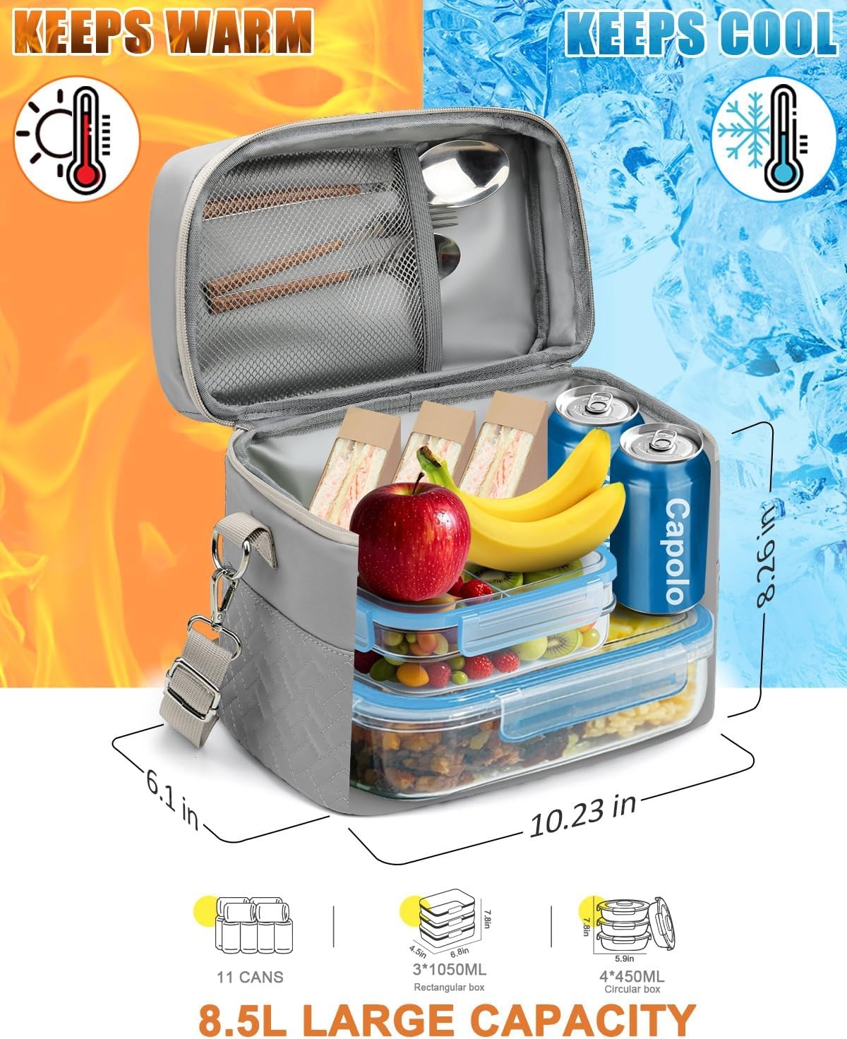 image:imageCapolo Lunch Box for Women Men AdultsInsulated Lunch Bag Leakproof Lunch Cooler Box with Removable Strap Cute Lunch Tote Bags Reusable Thermal Lunchbox for School Work PicnicSmallBeigeGray