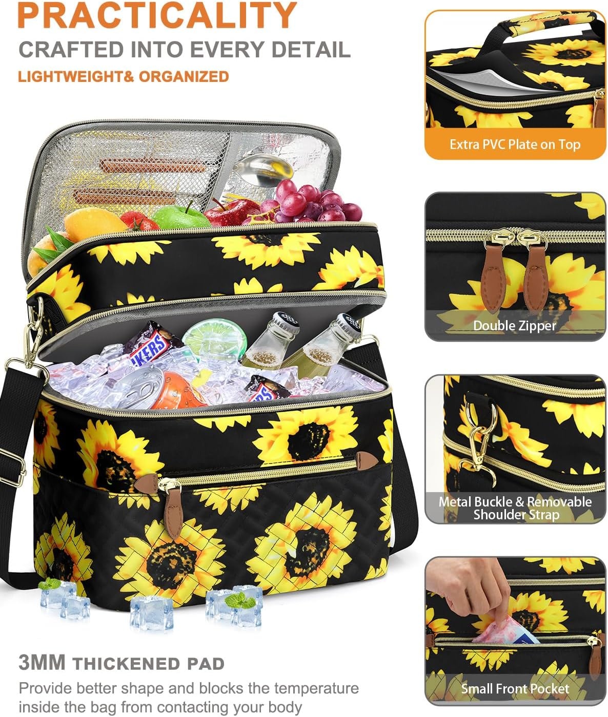 image:imageCapolo Lunch Box for Women Men AdultsInsulated Lunch Bag Leakproof Lunch Cooler Box with Removable Strap Cute Lunch Tote Bags Reusable Thermal Lunchbox for School Work PicnicSmallBeigeSunflower