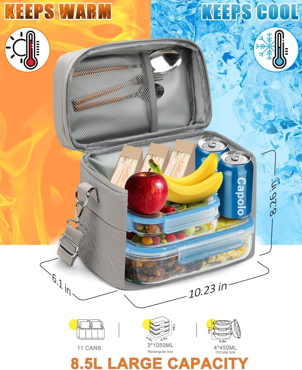 image:imageCapolo Lunch Box for Women Men AdultsInsulated Lunch Bag Leakproof Lunch Cooler Box with Removable Strap Cute Lunch Tote Bags Reusable Thermal Lunchbox for School Work PicnicSmallBeigeKhaki Gray
