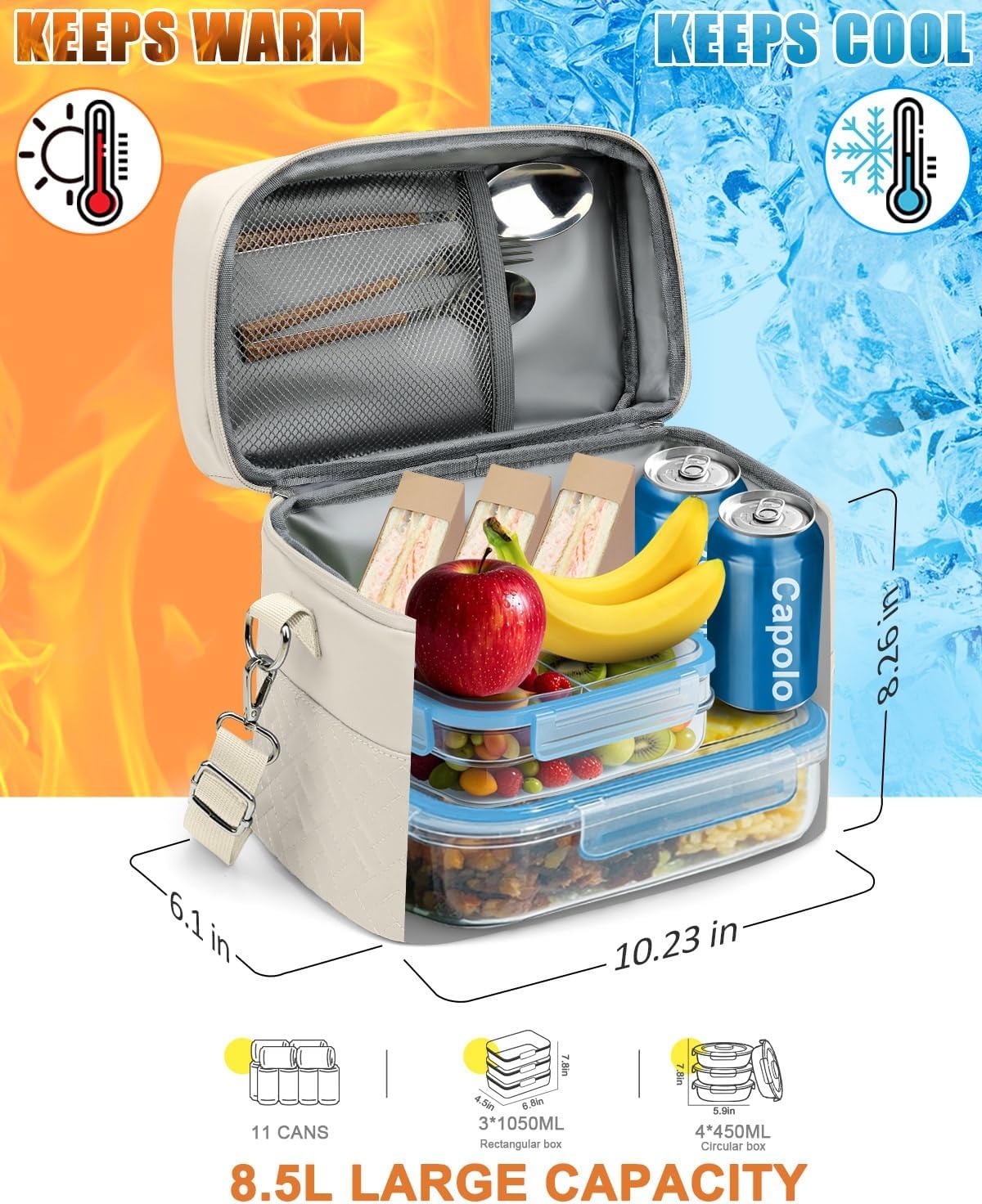 image:imageCapolo Lunch Box for Women Men AdultsInsulated Lunch Bag Leakproof Lunch Cooler Box with Removable Strap Cute Lunch Tote Bags Reusable Thermal Lunchbox for School Work PicnicSmallBeigeBeige