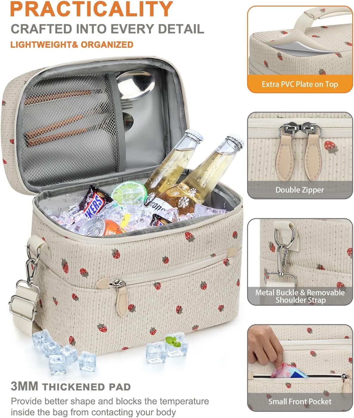 image:imageCapolo Lunch Box for Women Men AdultsInsulated Lunch Bag Leakproof Lunch Cooler Box with Removable Strap Cute Lunch Tote Bags Reusable Thermal Lunchbox for School Work PicnicSmallBeigeStrawberry