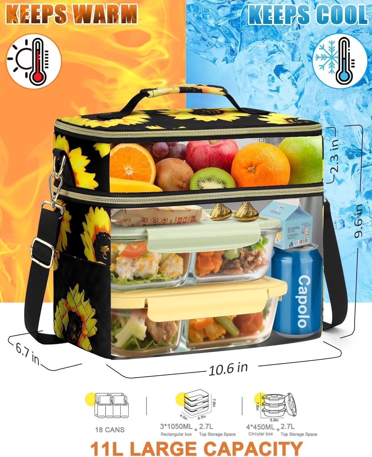 image:imageCapolo Lunch Box for Women Men AdultsInsulated Lunch Bag Leakproof Lunch Cooler Box with Removable Strap Cute Lunch Tote Bags Reusable Thermal Lunchbox for School Work PicnicSmallBeigeSunflower