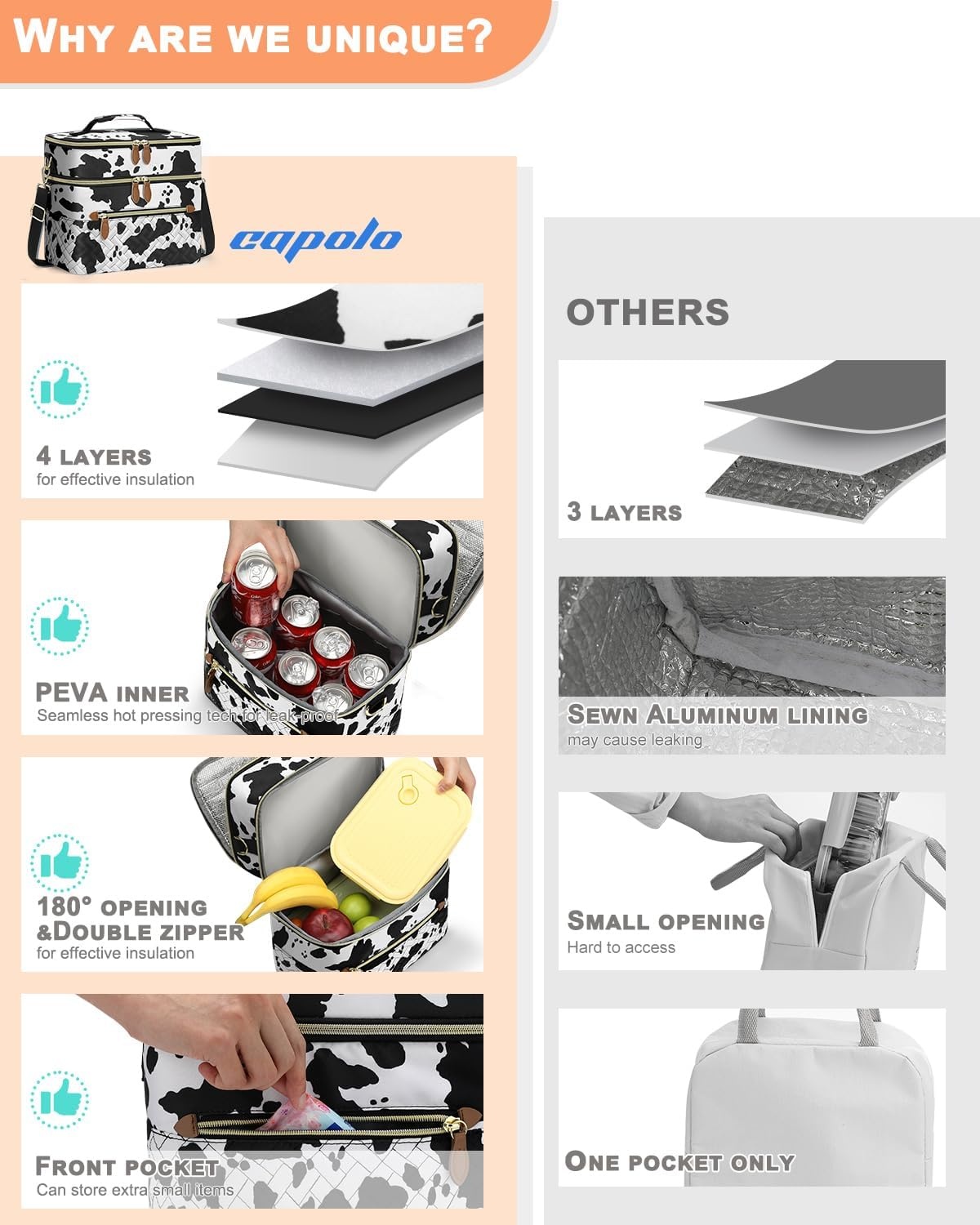 image:imageCapolo Lunch Box for Women Men AdultsInsulated Lunch Bag Leakproof Lunch Cooler Box with Removable Strap Cute Lunch Tote Bags Reusable Thermal Lunchbox for School Work PicnicSmallBeigeCow print
