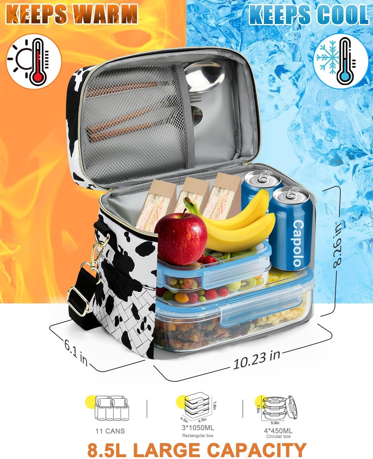 image:imageCapolo Lunch Box for Women Men AdultsInsulated Lunch Bag Leakproof Lunch Cooler Box with Removable Strap Cute Lunch Tote Bags Reusable Thermal Lunchbox for School Work PicnicSmallBeigeCow print