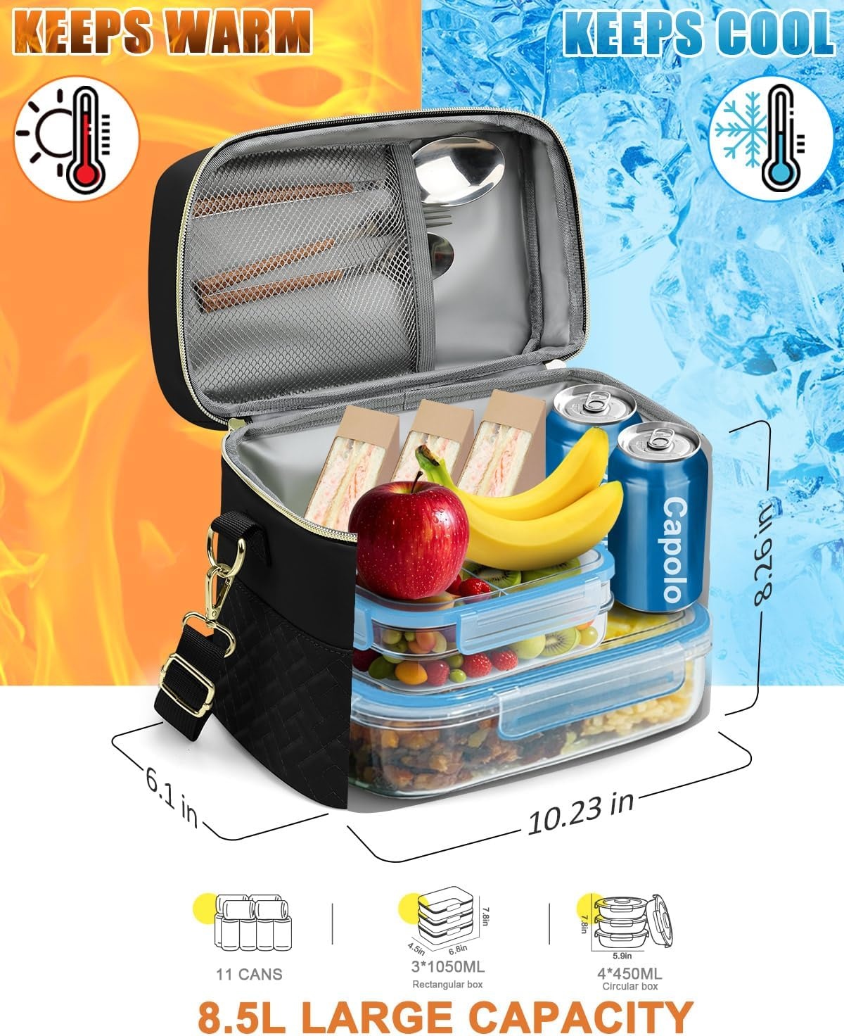 image:imageCapolo Lunch Box for Women Men AdultsInsulated Lunch Bag Leakproof Lunch Cooler Box with Removable Strap Cute Lunch Tote Bags Reusable Thermal Lunchbox for School Work PicnicSmallBeigeBlack