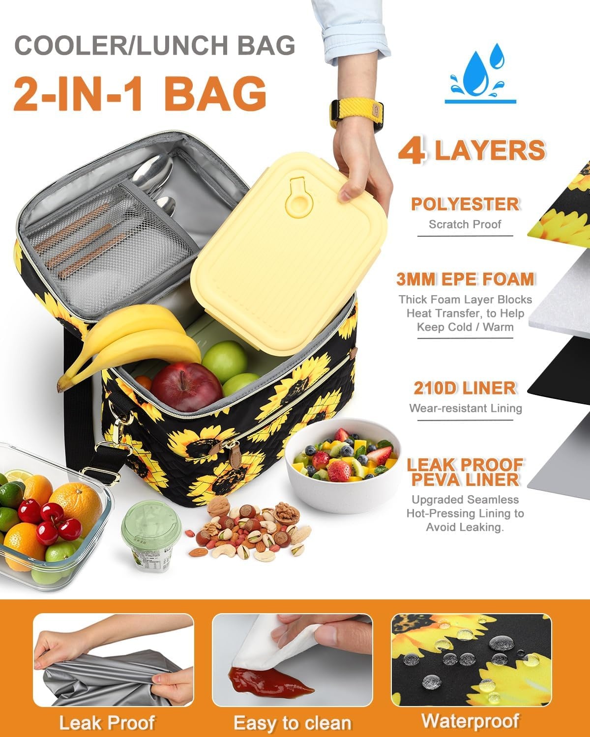 image:imageCapolo Lunch Box for Women Men AdultsInsulated Lunch Bag Leakproof Lunch Cooler Box with Removable Strap Cute Lunch Tote Bags Reusable Thermal Lunchbox for School Work PicnicSmallBeigeSunflower