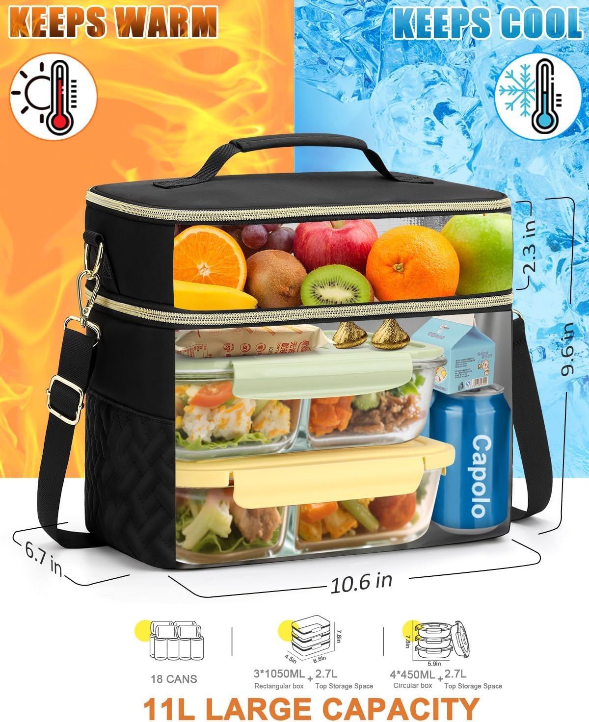 image:imageCapolo Lunch Box for Women Men AdultsInsulated Lunch Bag Leakproof Lunch Cooler Box with Removable Strap Cute Lunch Tote Bags Reusable Thermal Lunchbox for School Work PicnicSmallBeigeBlack