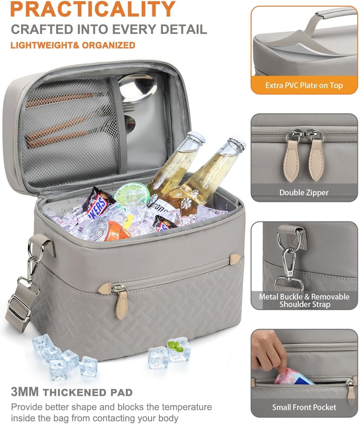 image:imageCapolo Lunch Box for Women Men AdultsInsulated Lunch Bag Leakproof Lunch Cooler Box with Removable Strap Cute Lunch Tote Bags Reusable Thermal Lunchbox for School Work PicnicSmallBeigeKhaki Gray